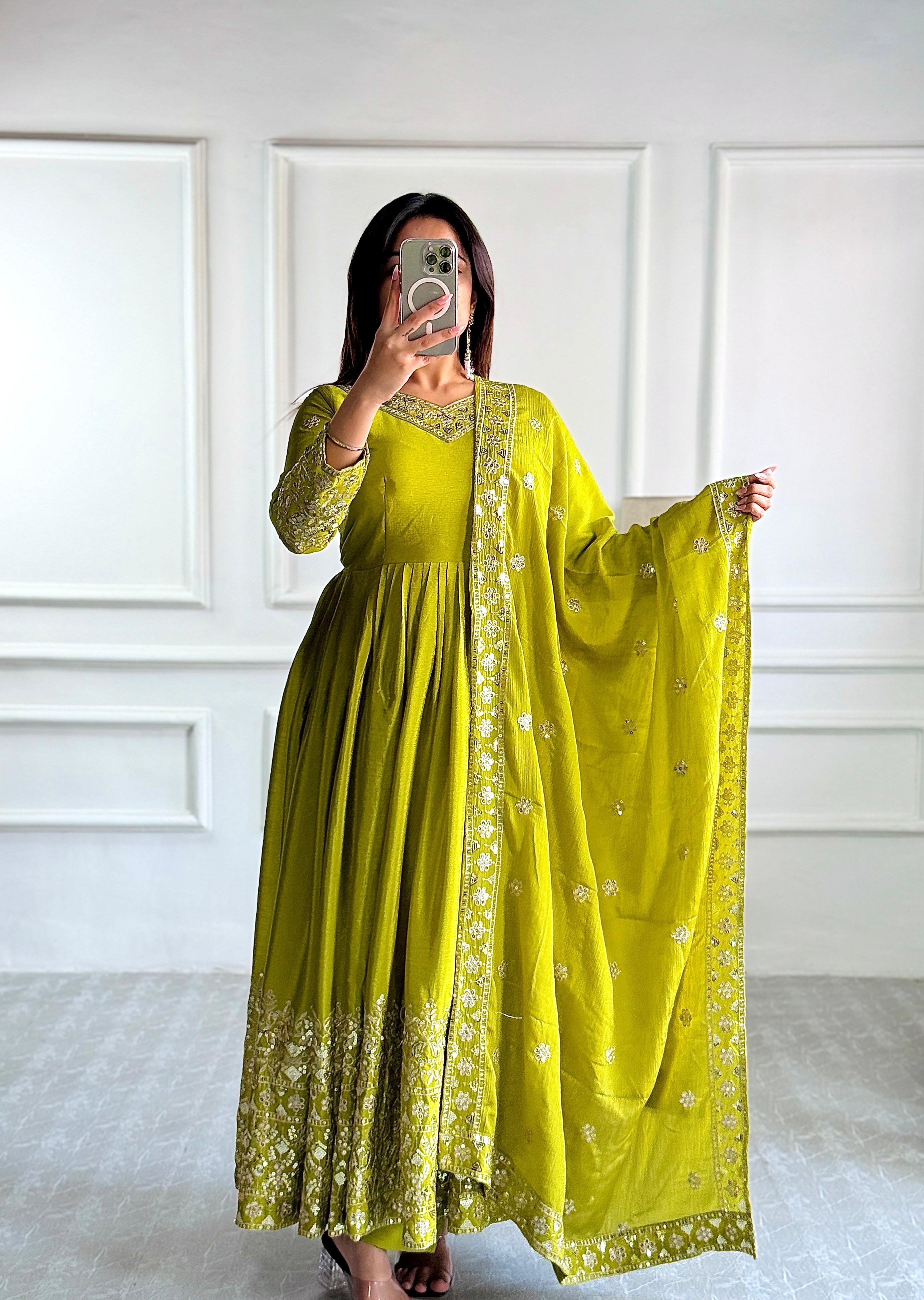 Pure Chinon Silk Embroidered Gown Set with Dupatta & Bottom