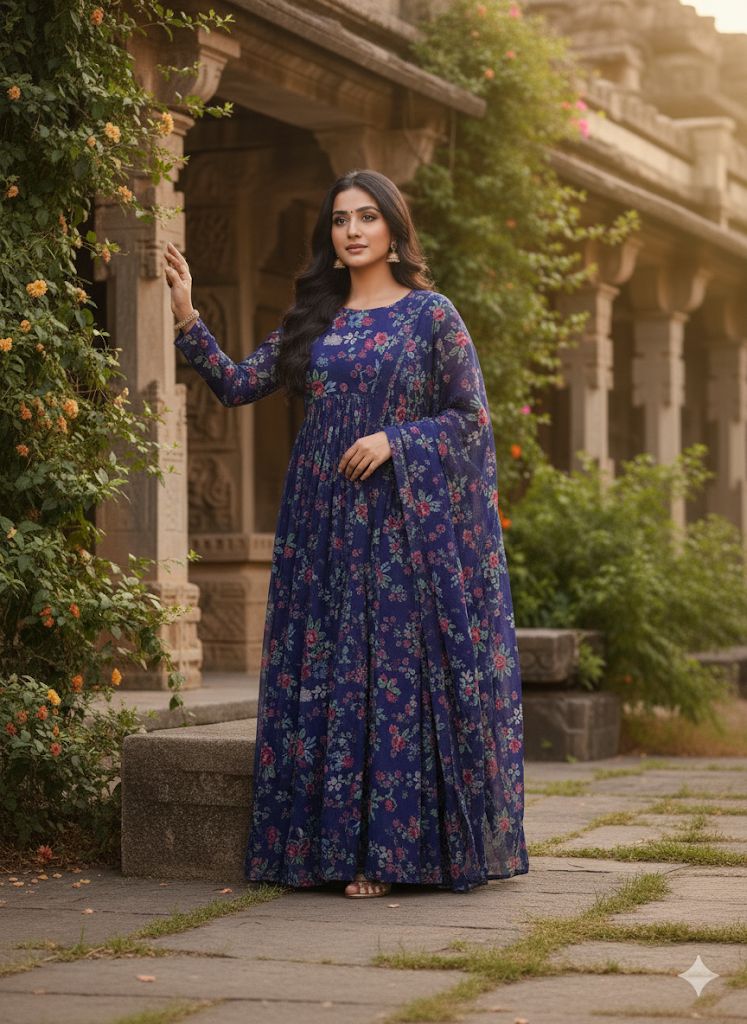 Blue Floral Fox Georgette Anarkali Suit Set