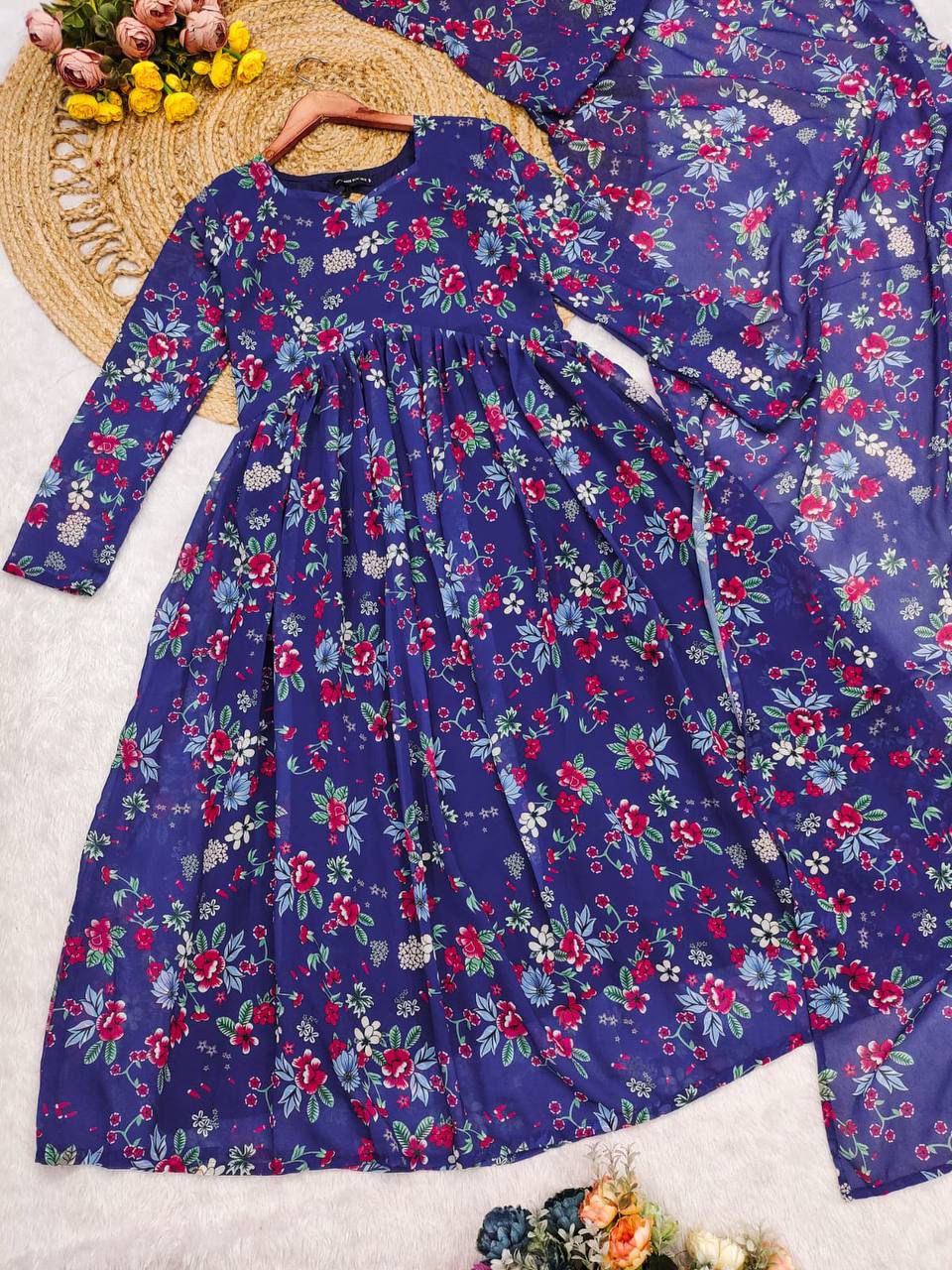 Blue Floral Fox Georgette Anarkali Suit Set