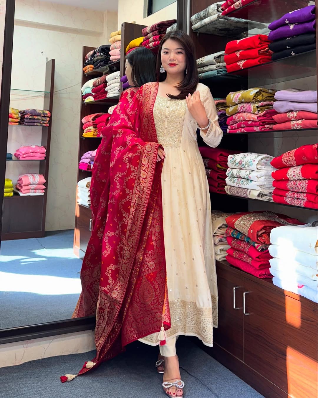Elegant Banarasi Silk Anarkali Kurti Pant Dupatta Set – Festive Wear