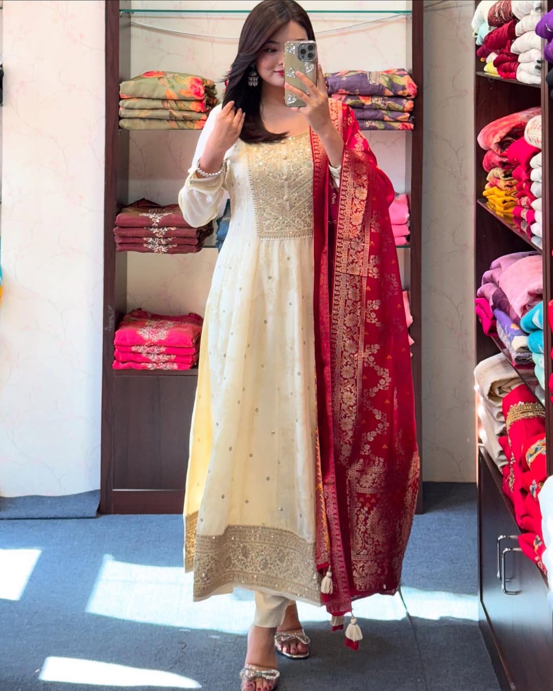 Elegant Banarasi Silk Anarkali Kurti Pant Dupatta Set – Festive Wear