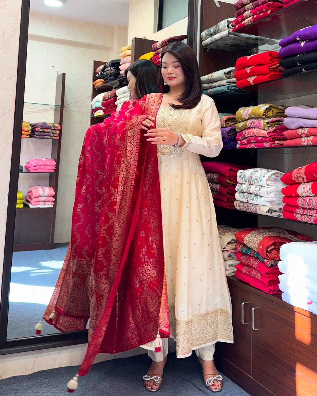 Elegant Banarasi Silk Anarkali Kurti Pant Dupatta Set – Festive Wear