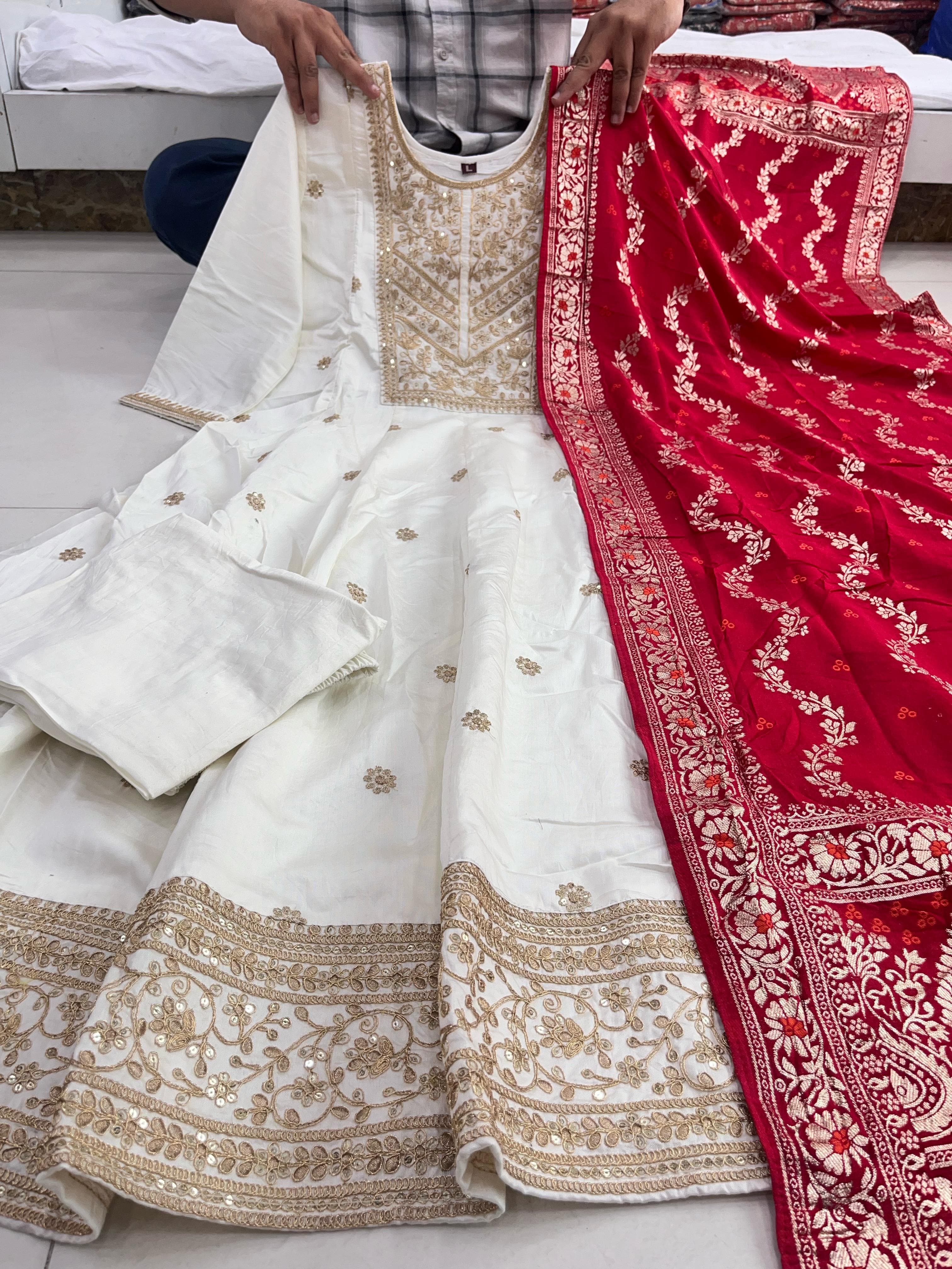 Elegant Banarasi Silk Anarkali Kurti Pant Dupatta Set – Festive Wear