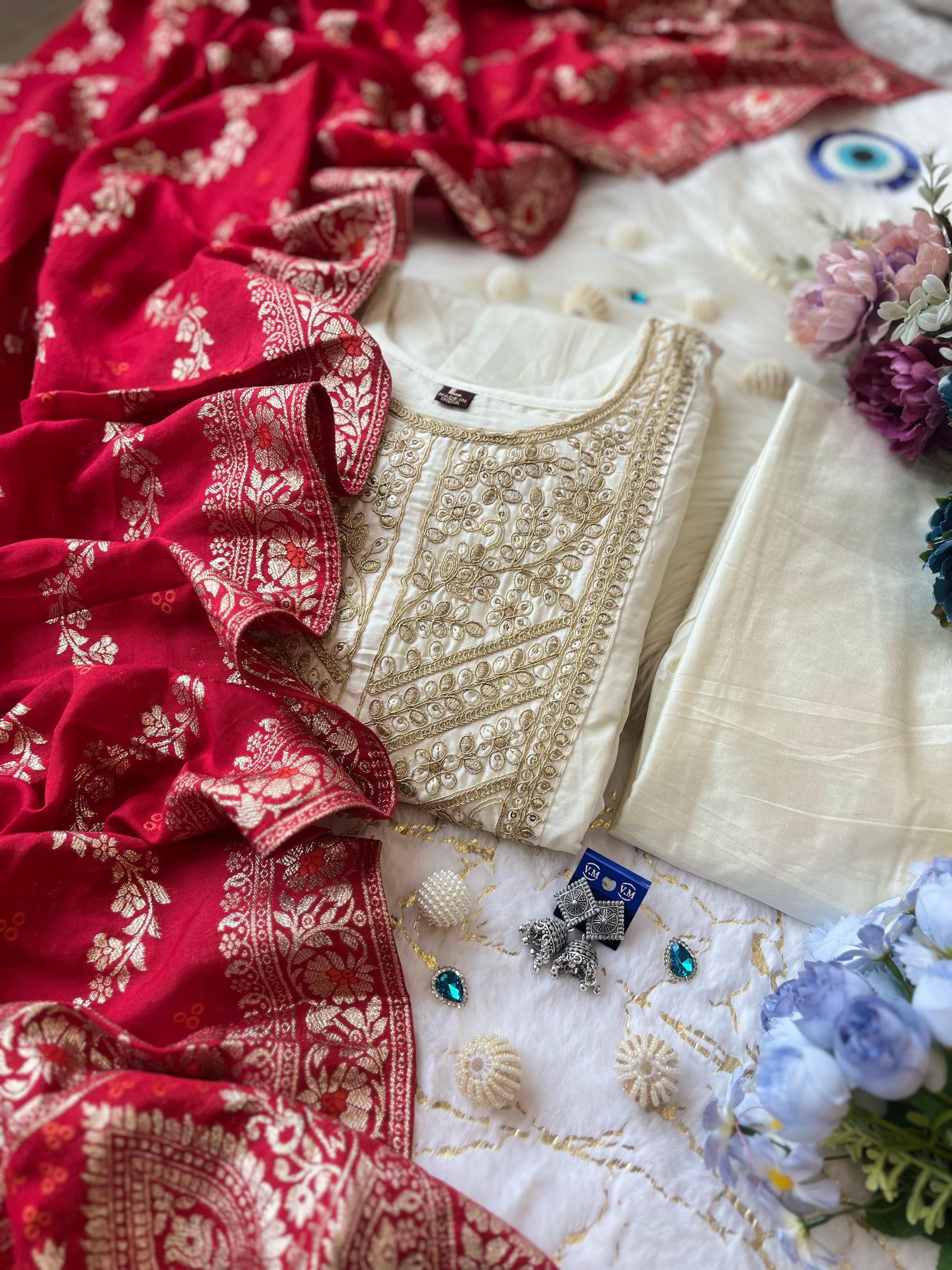 Elegant Banarasi Silk Anarkali Kurti Pant Dupatta Set – Festive Wear