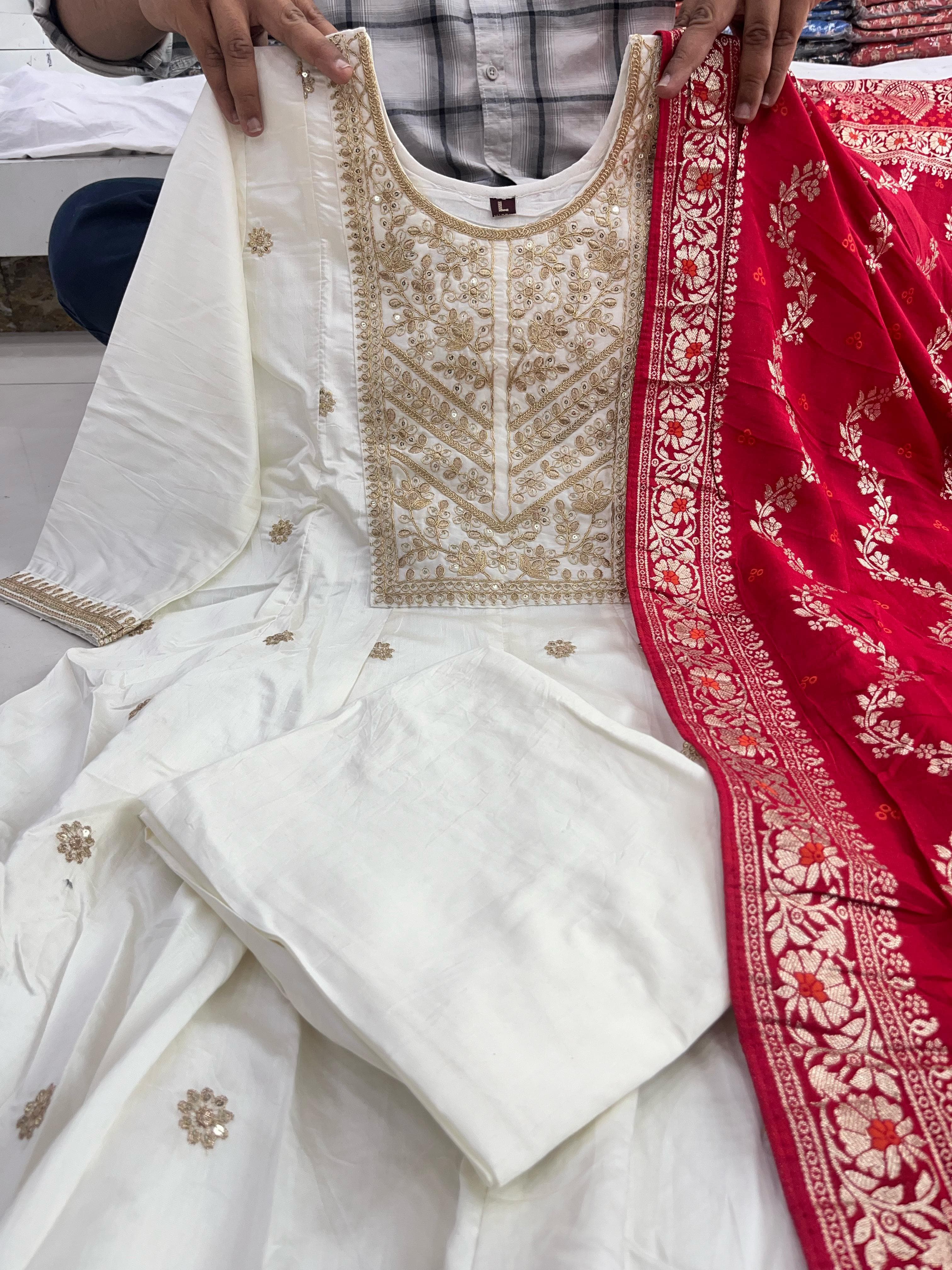 Elegant Banarasi Silk Anarkali Kurti Pant Dupatta Set – Festive Wear