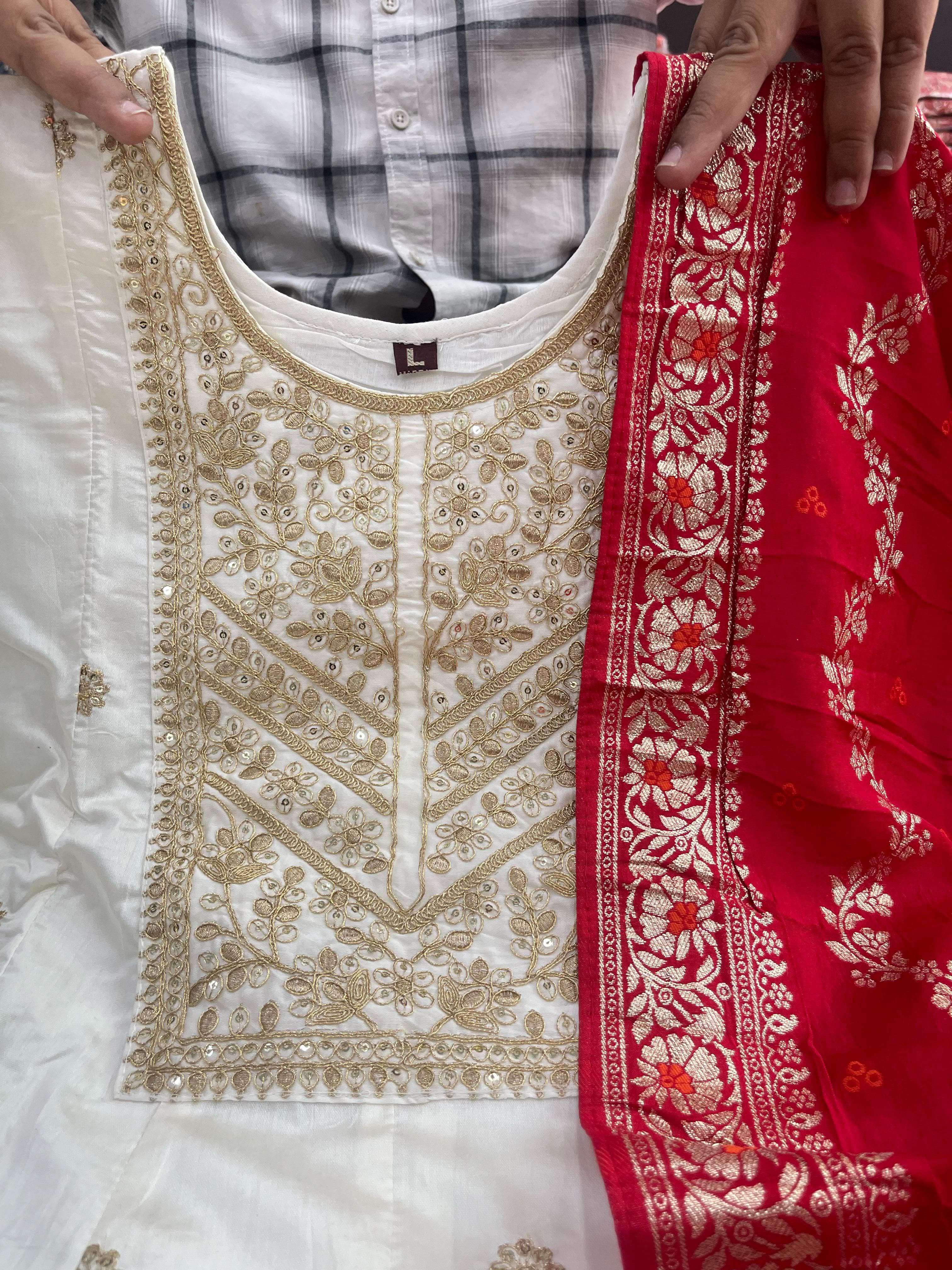 Elegant Banarasi Silk Anarkali Kurti Pant Dupatta Set – Festive Wear