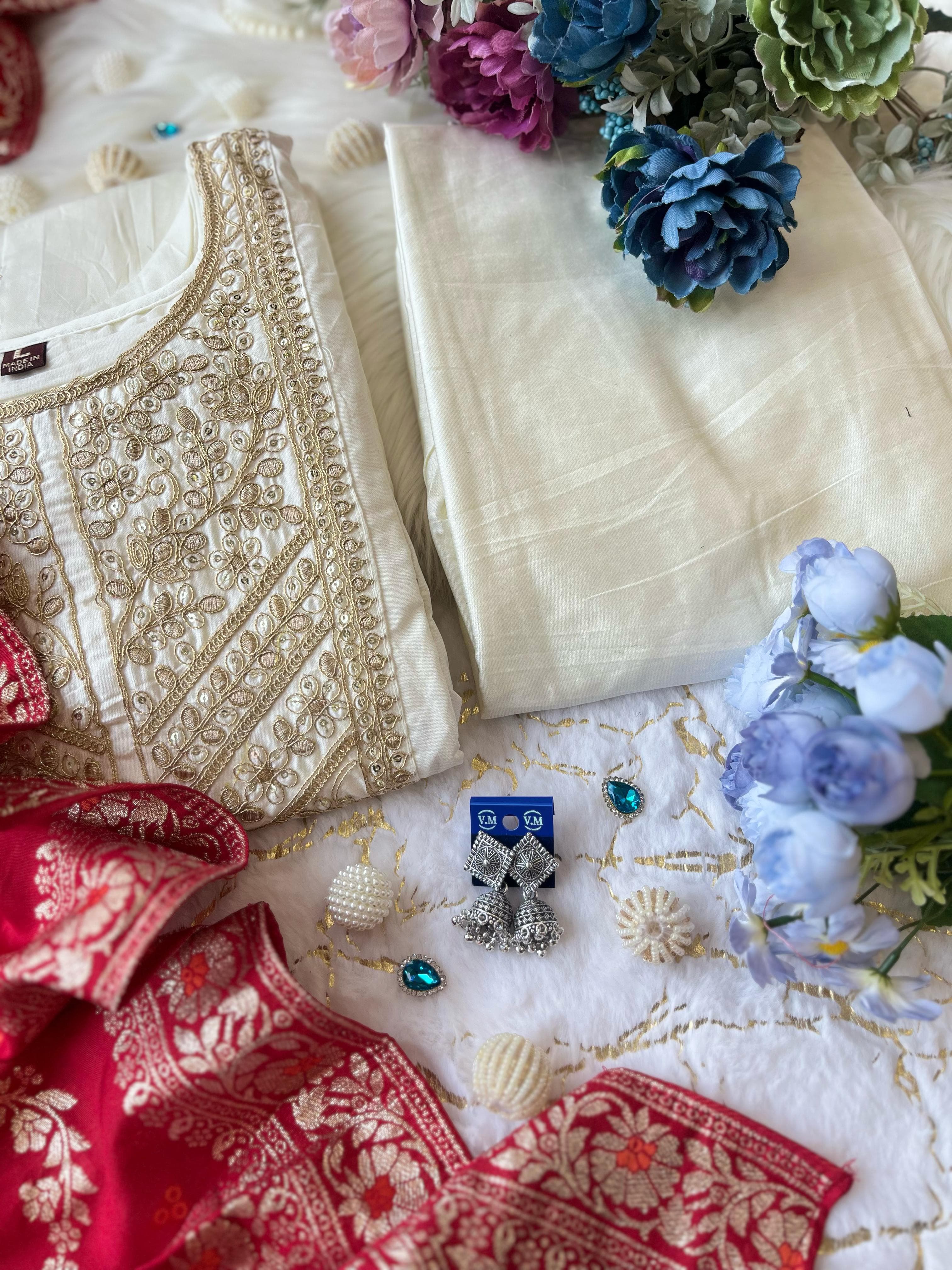 Elegant Banarasi Silk Anarkali Kurti Pant Dupatta Set – Festive Wear