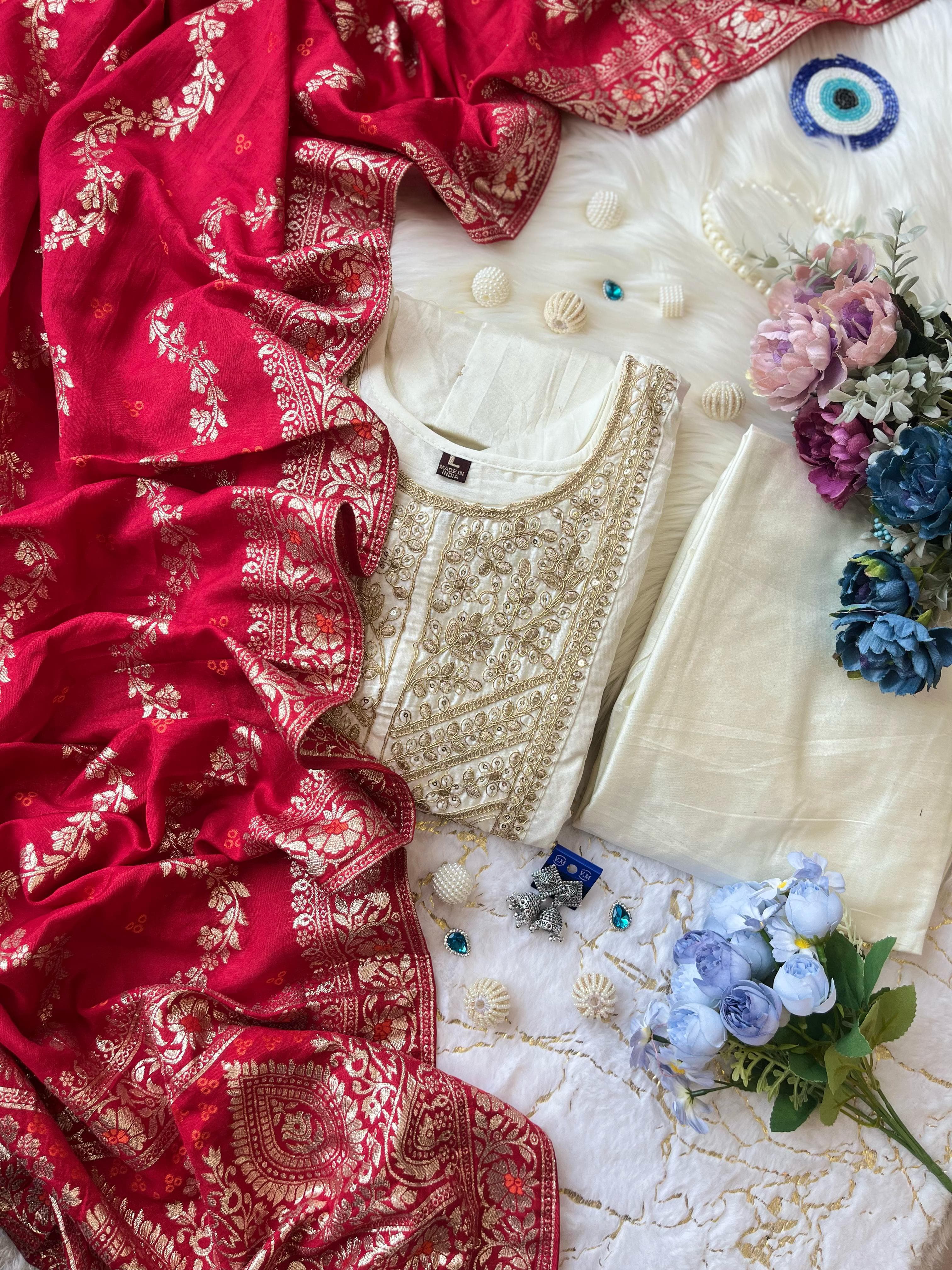 Elegant Banarasi Silk Anarkali Kurti Pant Dupatta Set – Festive Wear
