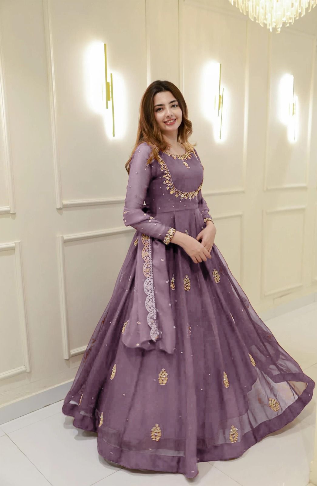 Georgette Sequin Embroidered Gown Front View