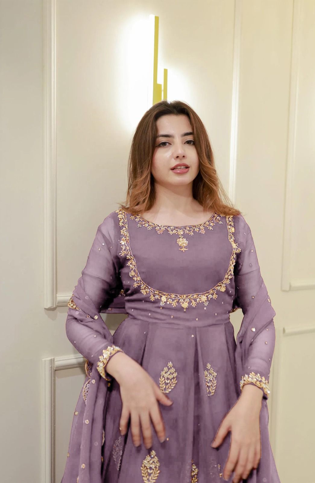 Georgette Sequin Embroidered Gown Front View