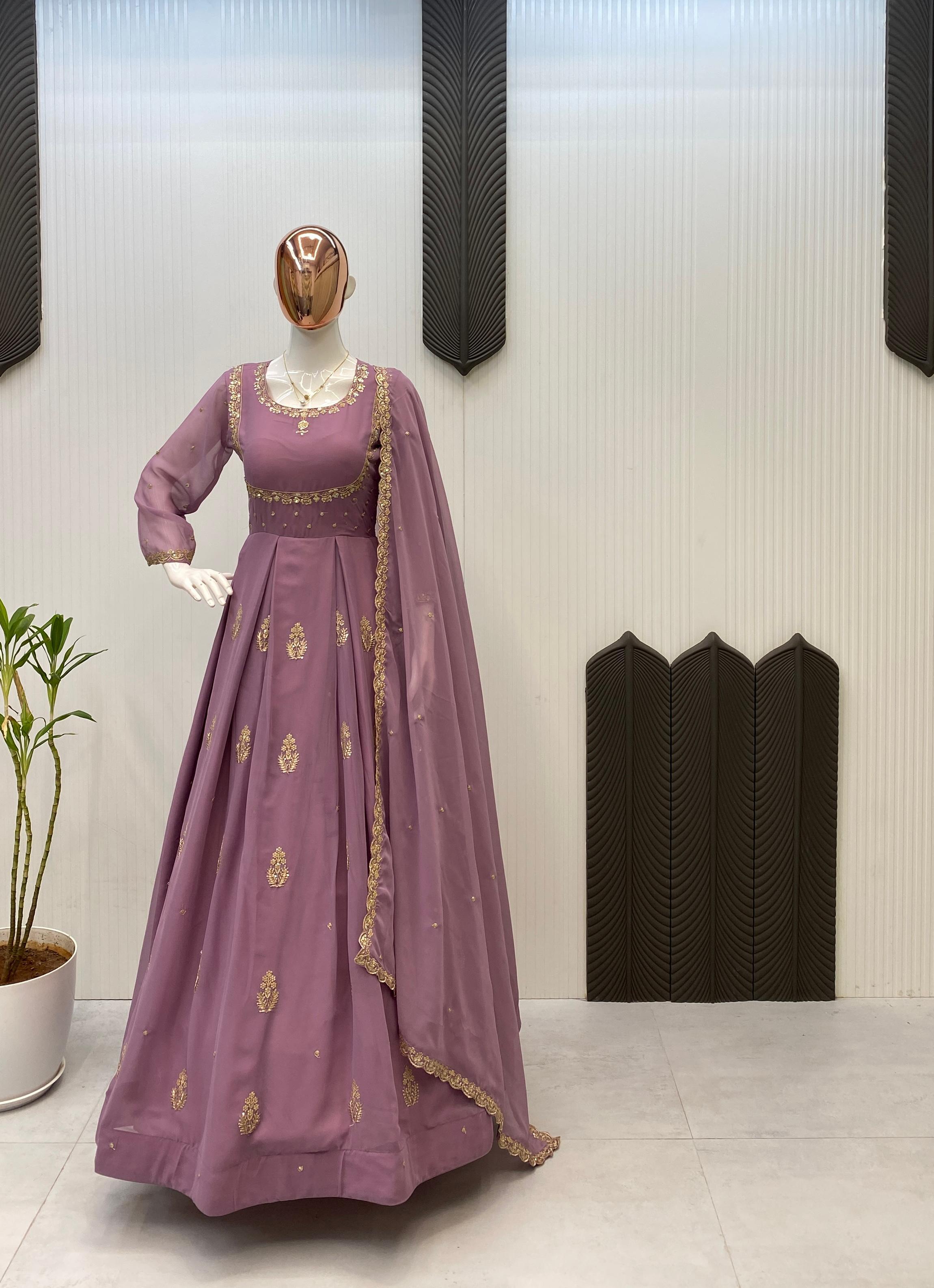 Georgette Sequin Embroidered Gown Front View