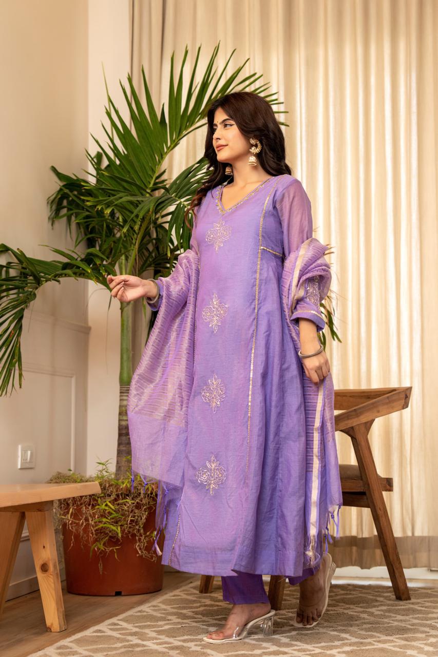 Premium Mul Chanderi Embroidered Anarkali Kurti Set Front View