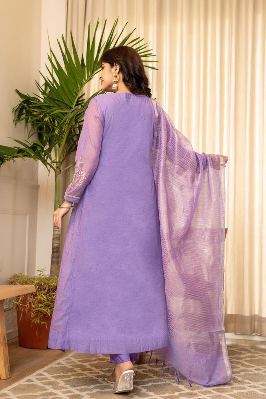 Premium Mul Chanderi Embroidered Anarkali Kurti Set Front View