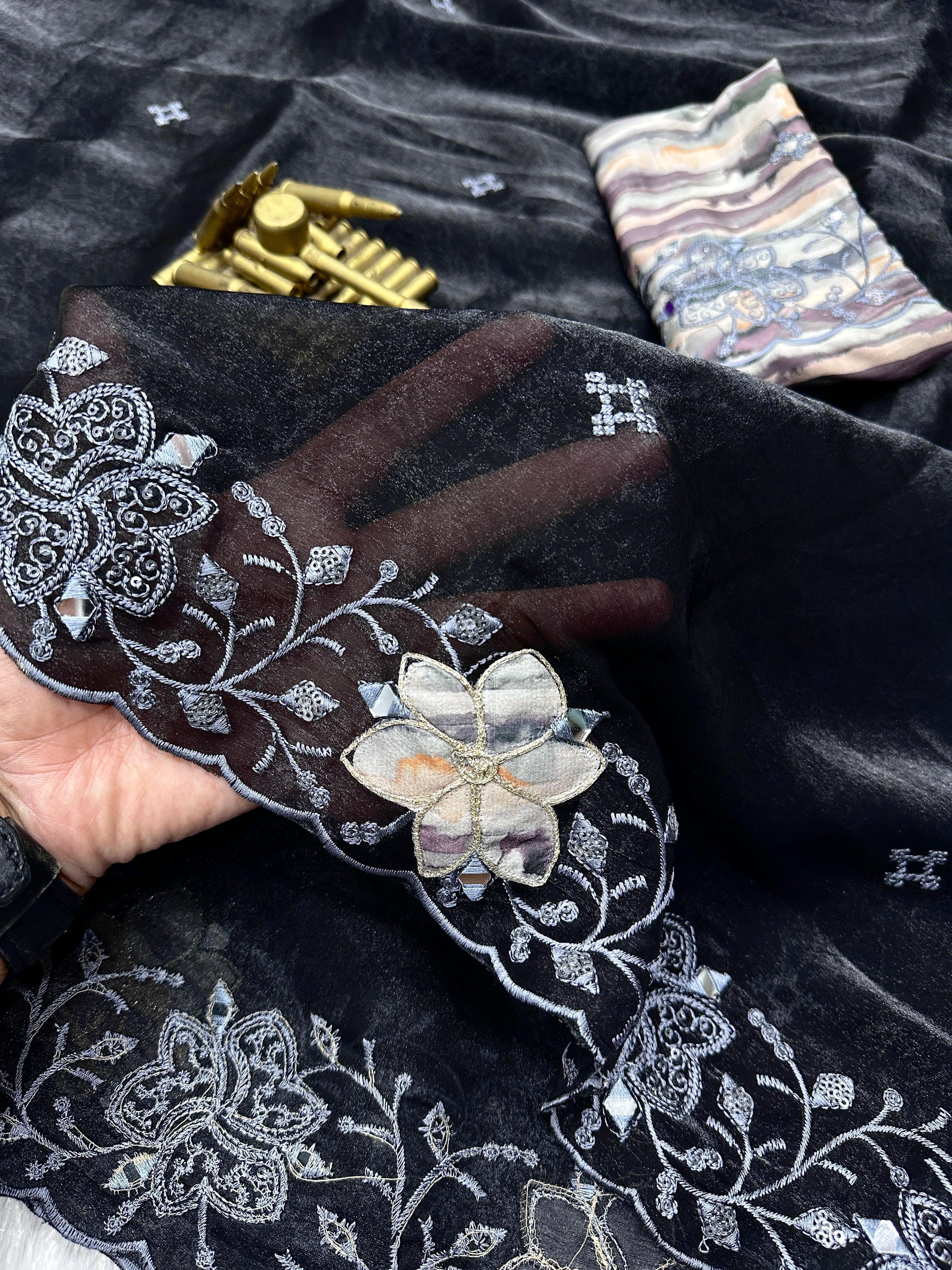 Elegant Fendi organza saree with sequin and mirror embroidery