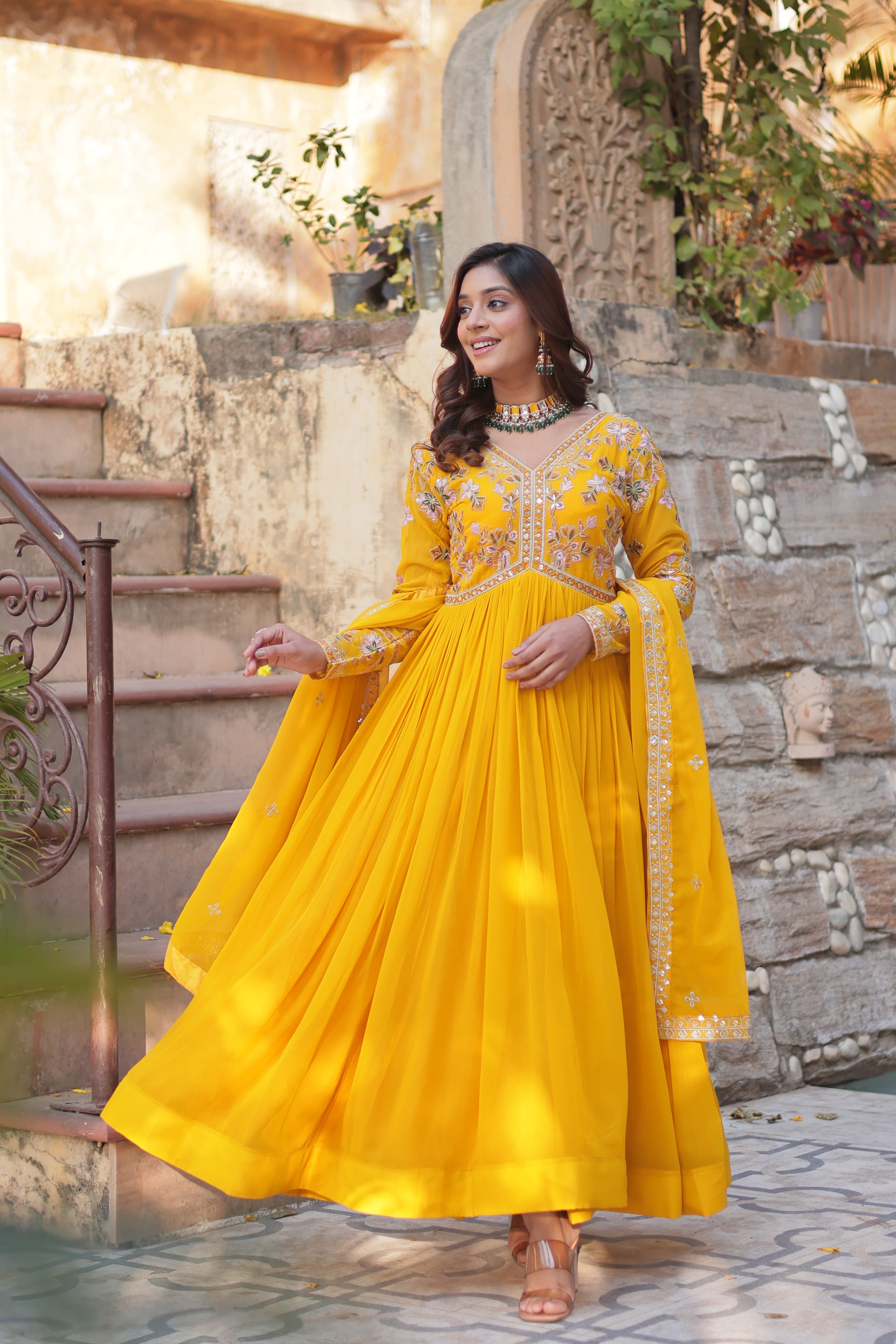 Elegant V-neck full sleeve ethnic gown