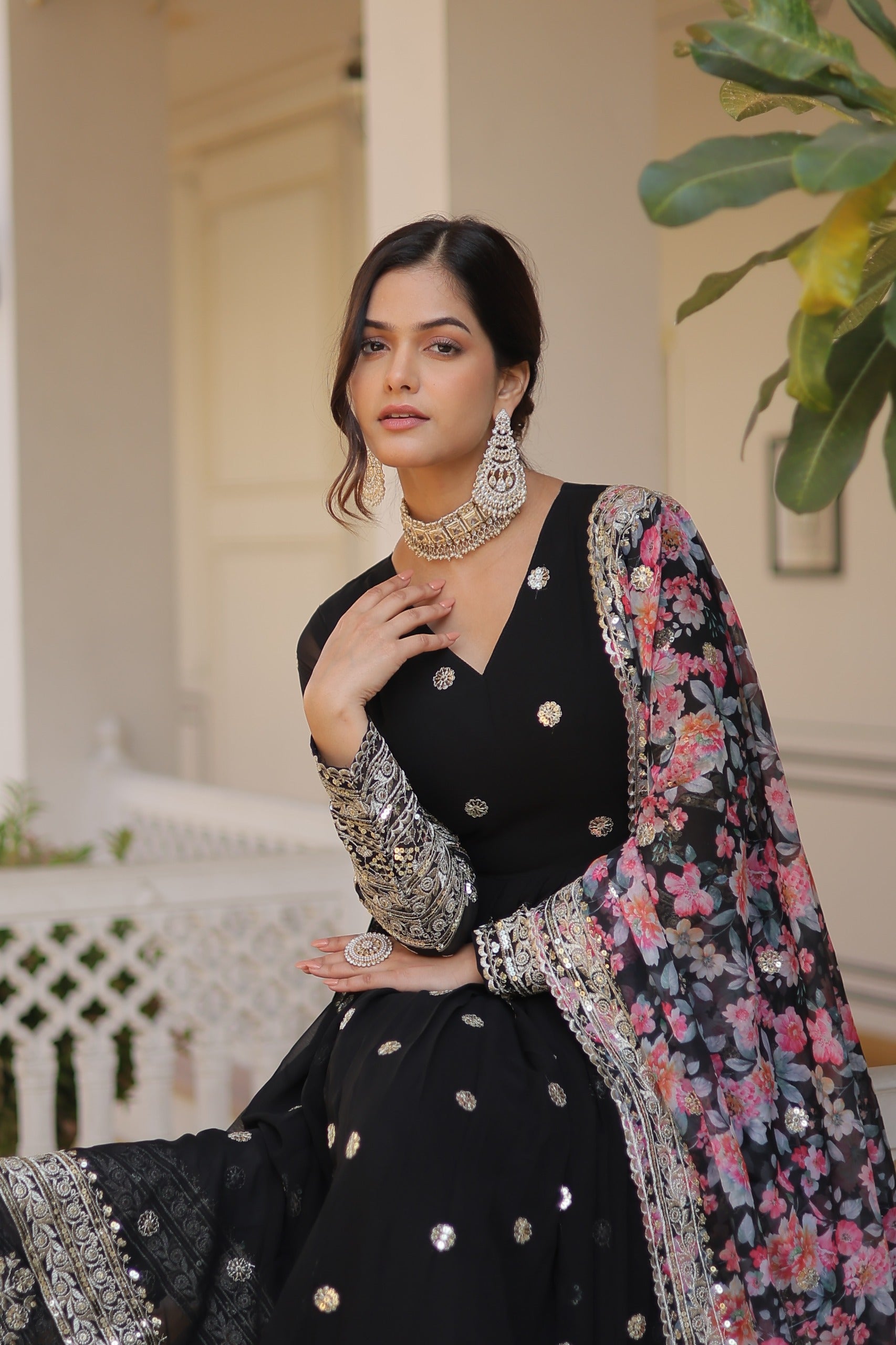 V-neck full sleeve ethnic gown design