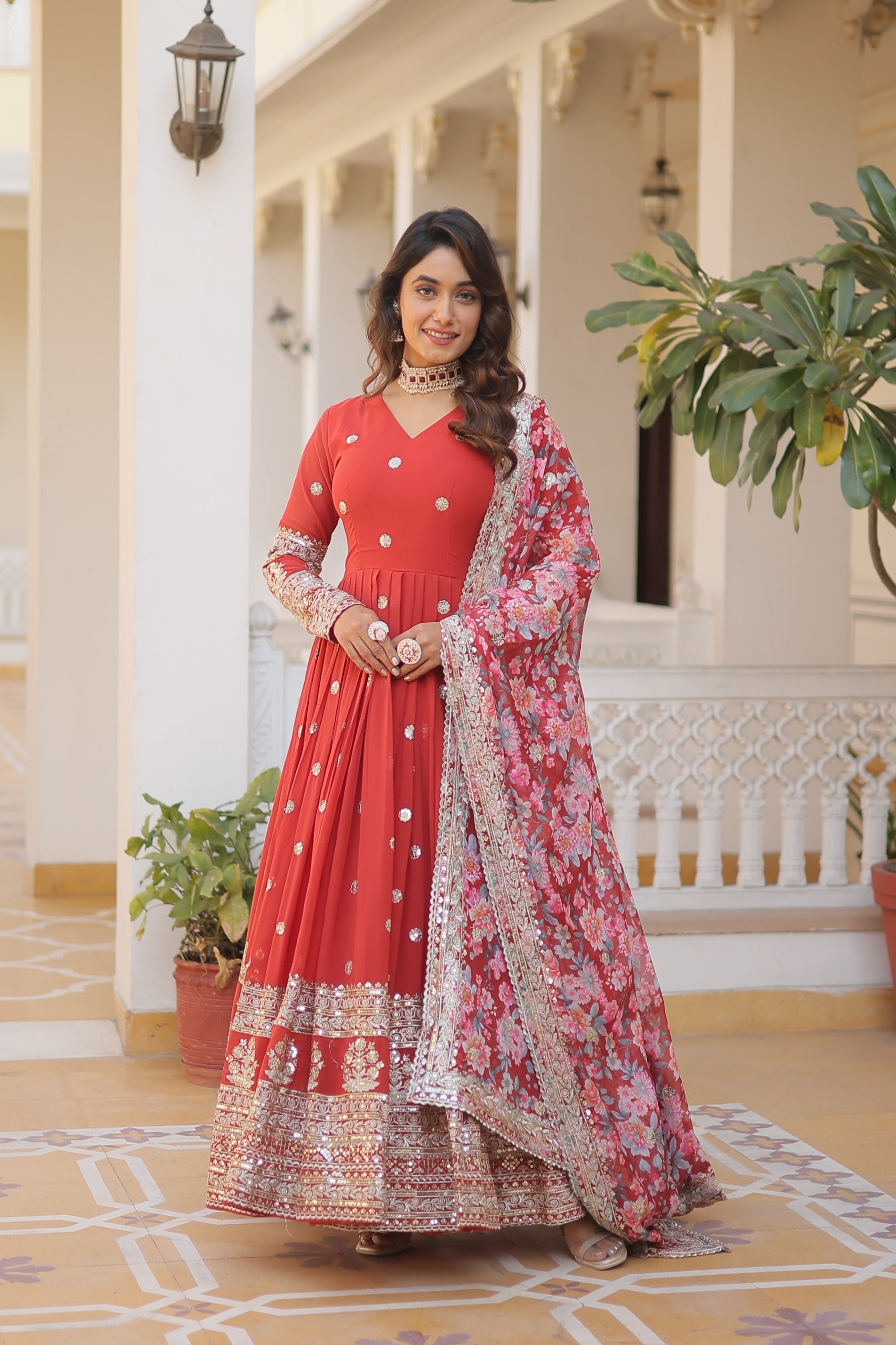 Full sleeve V-neck designer gown