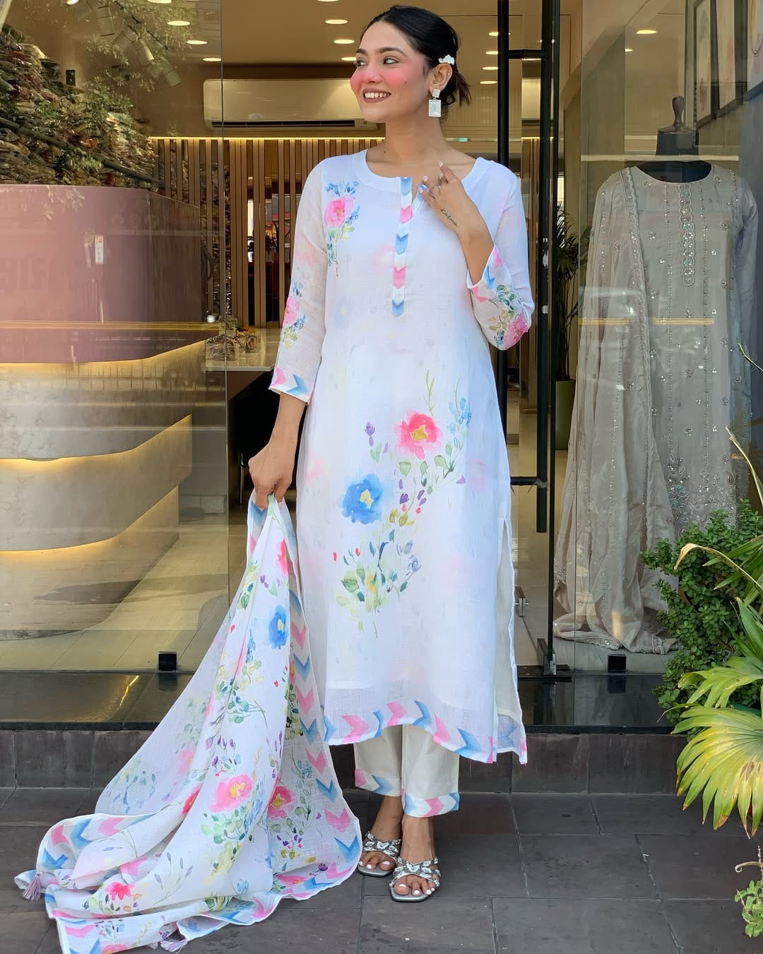 Pure Linen Multicolor Suit Set with Dupatta – Front View