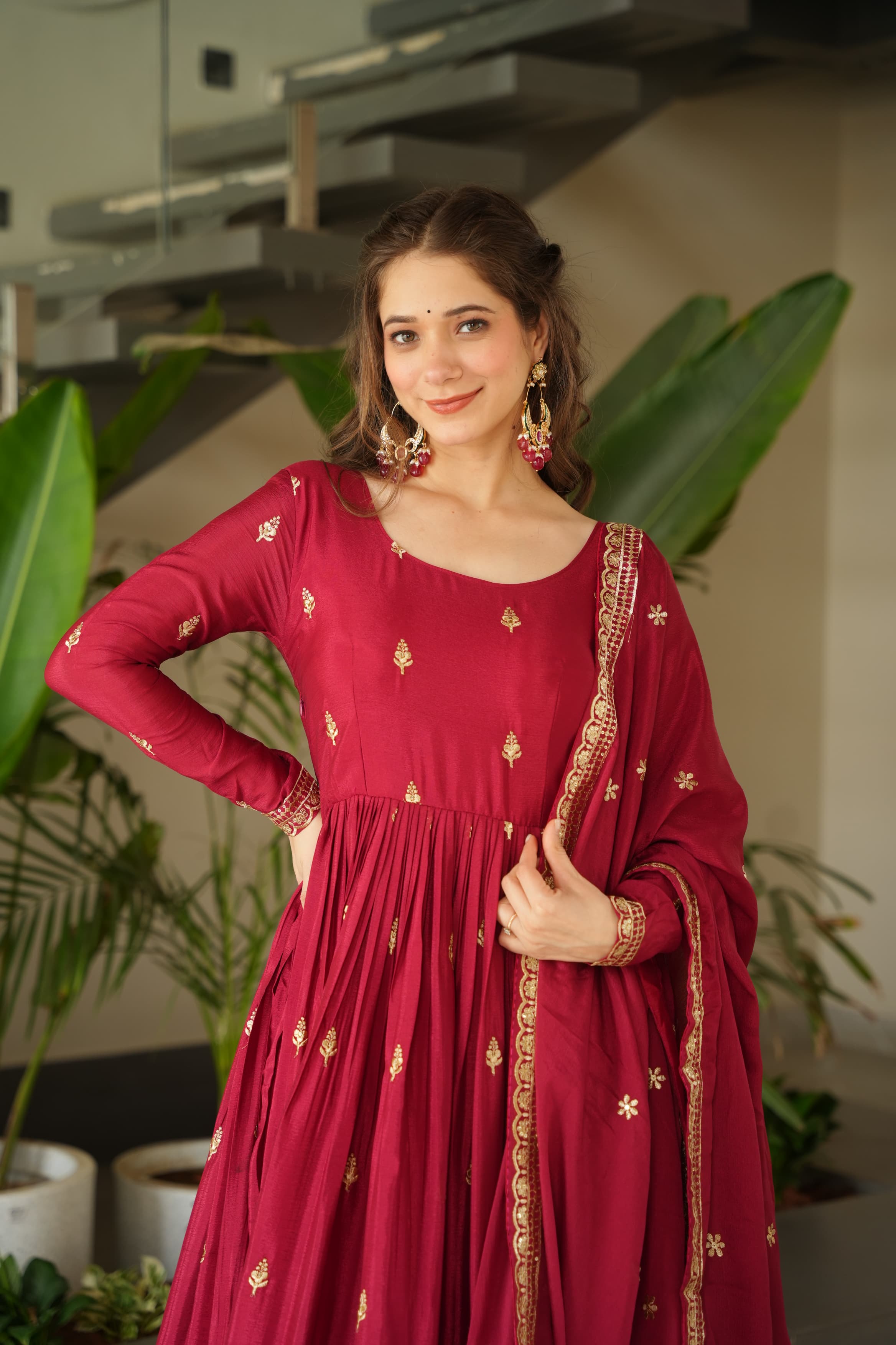 Chinnon fabric gown with embroidery