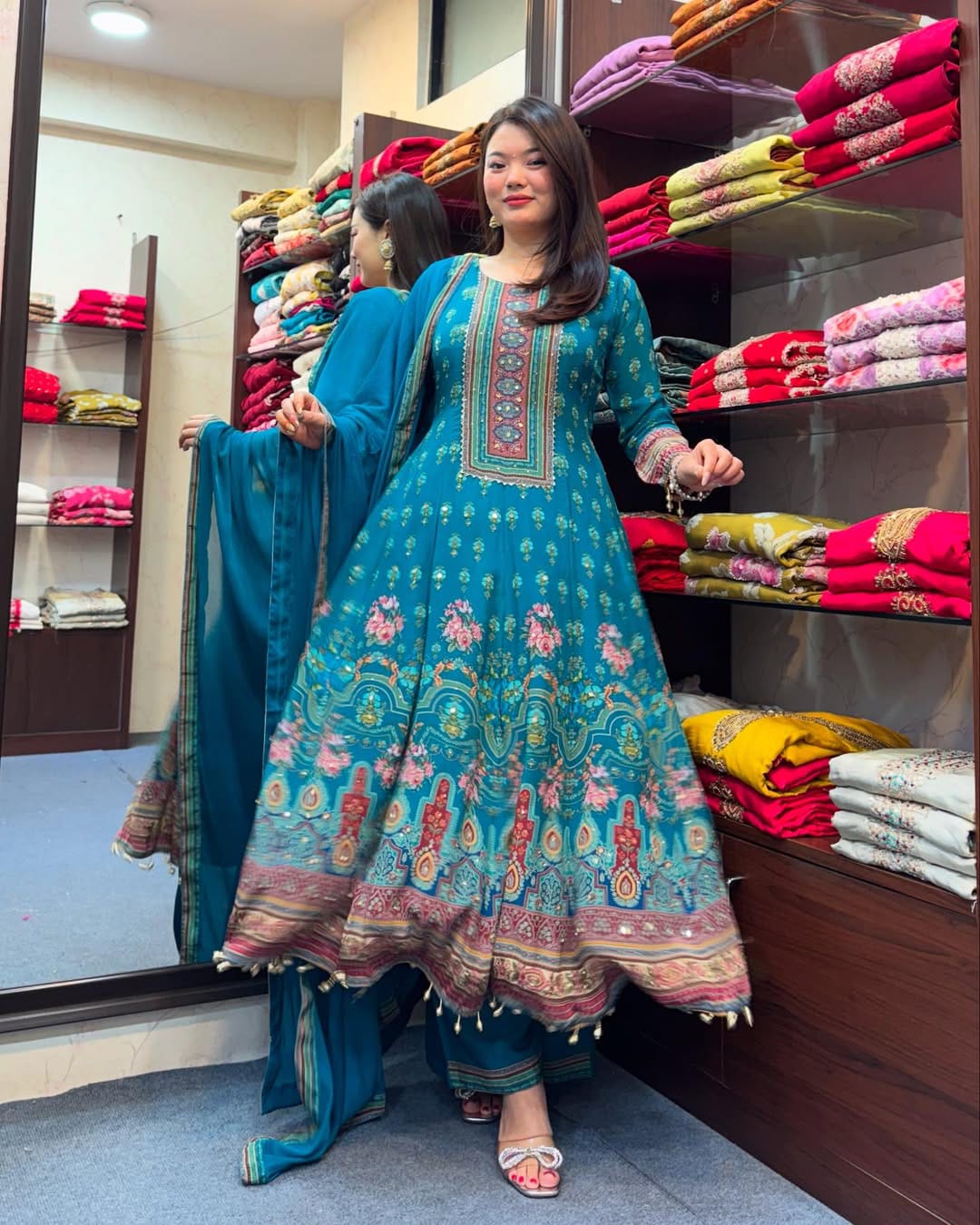 Rajasthani Pure Chinon Anarkali Set with Mirror Work – Front View