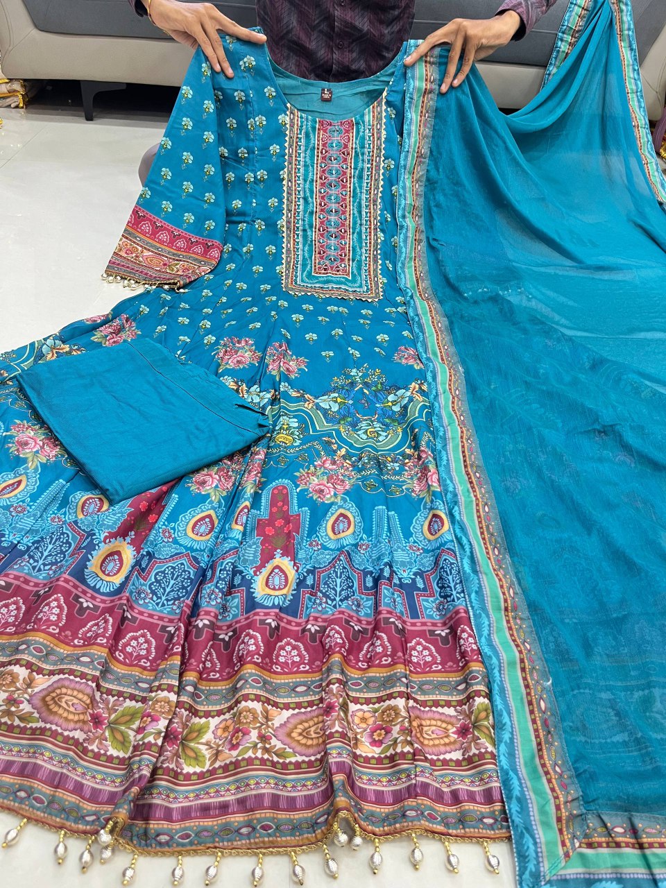 Traditional Handwork Anarkali Kurti with Latkan Lace – Her Highness Fashion