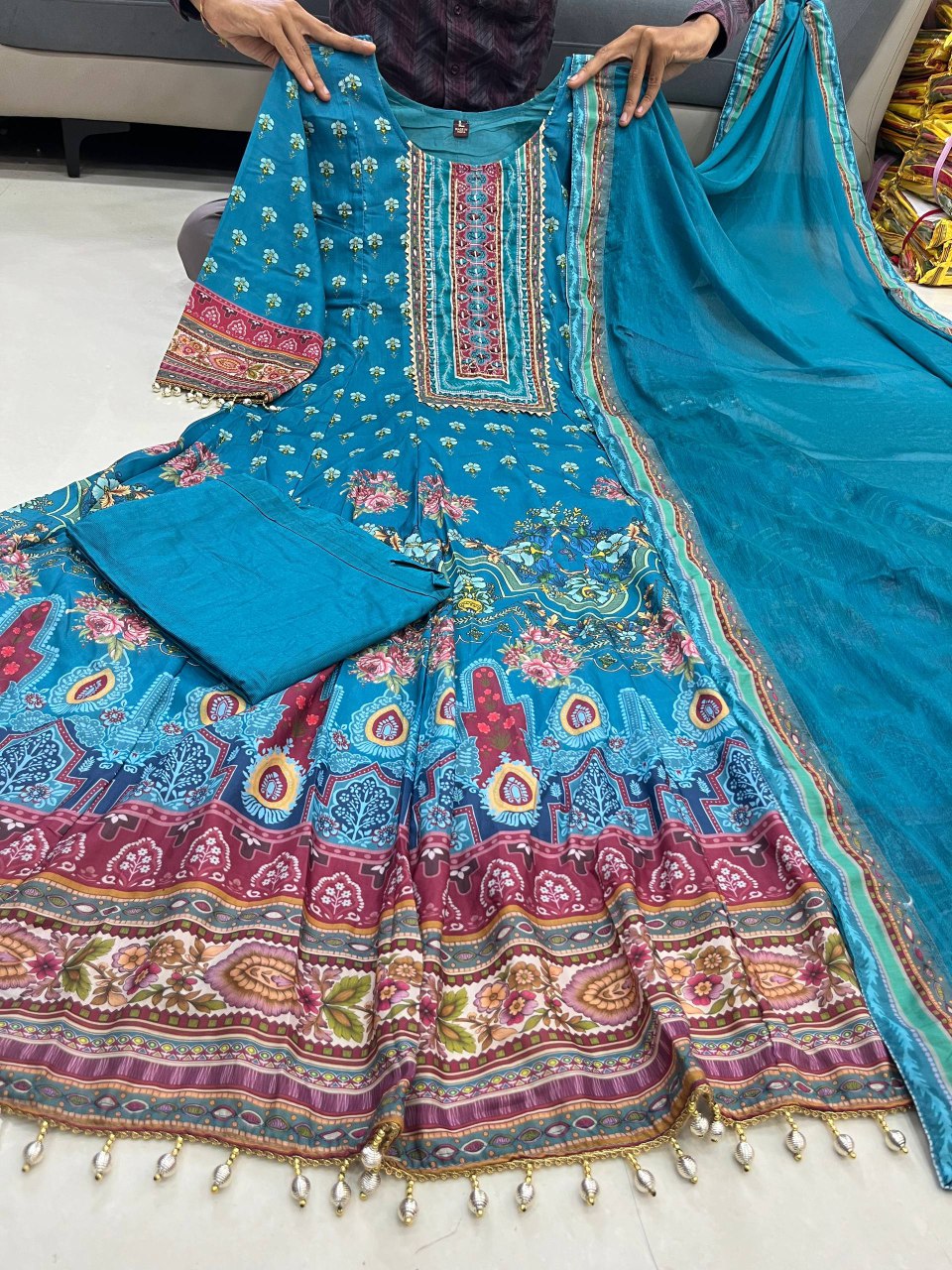 Traditional Handwork Anarkali Kurti with Latkan Lace – Her Highness Fashion