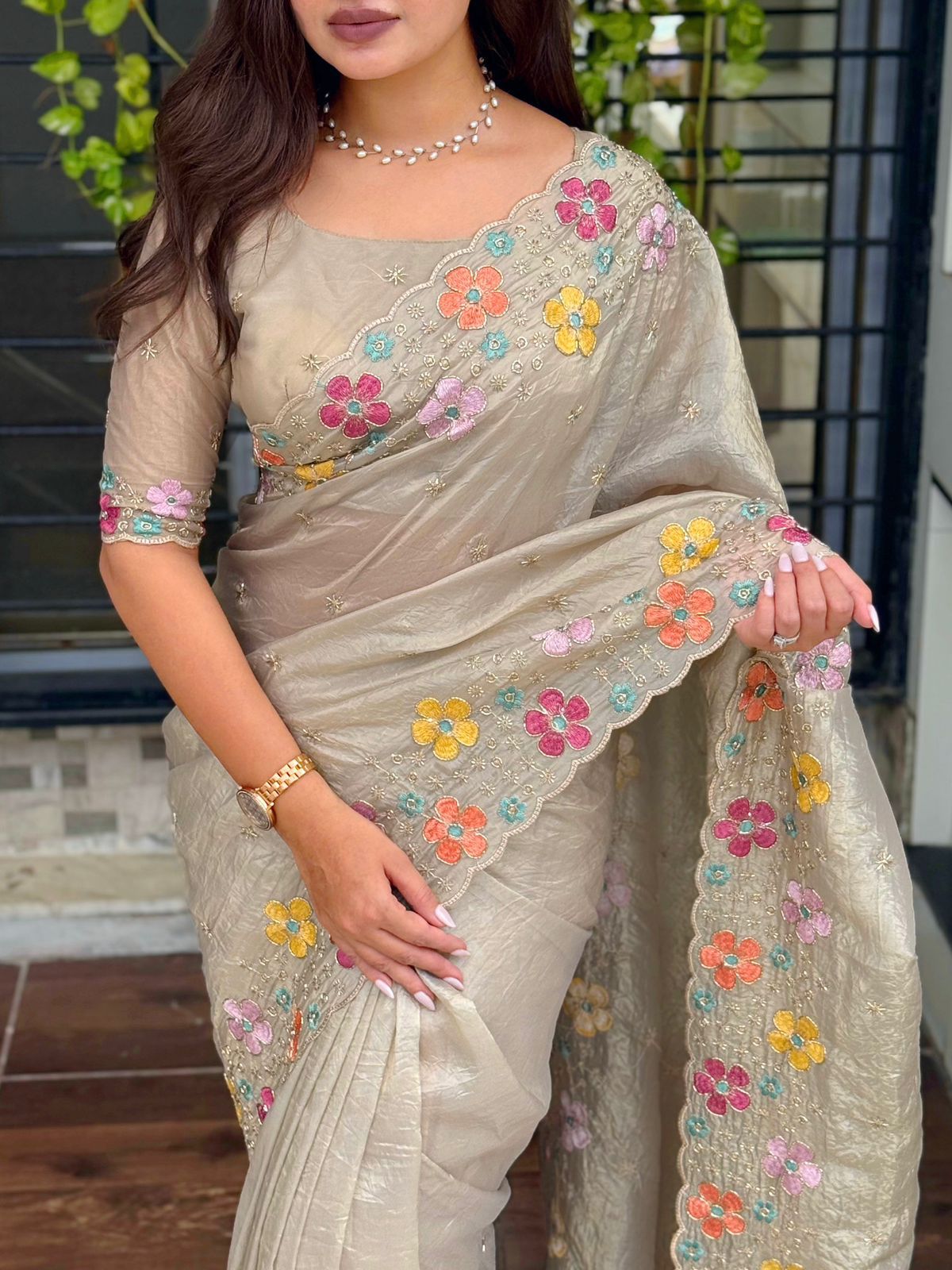 Dusty Beige Sufi Silk Crush Embroidered Saree with Net Blouse