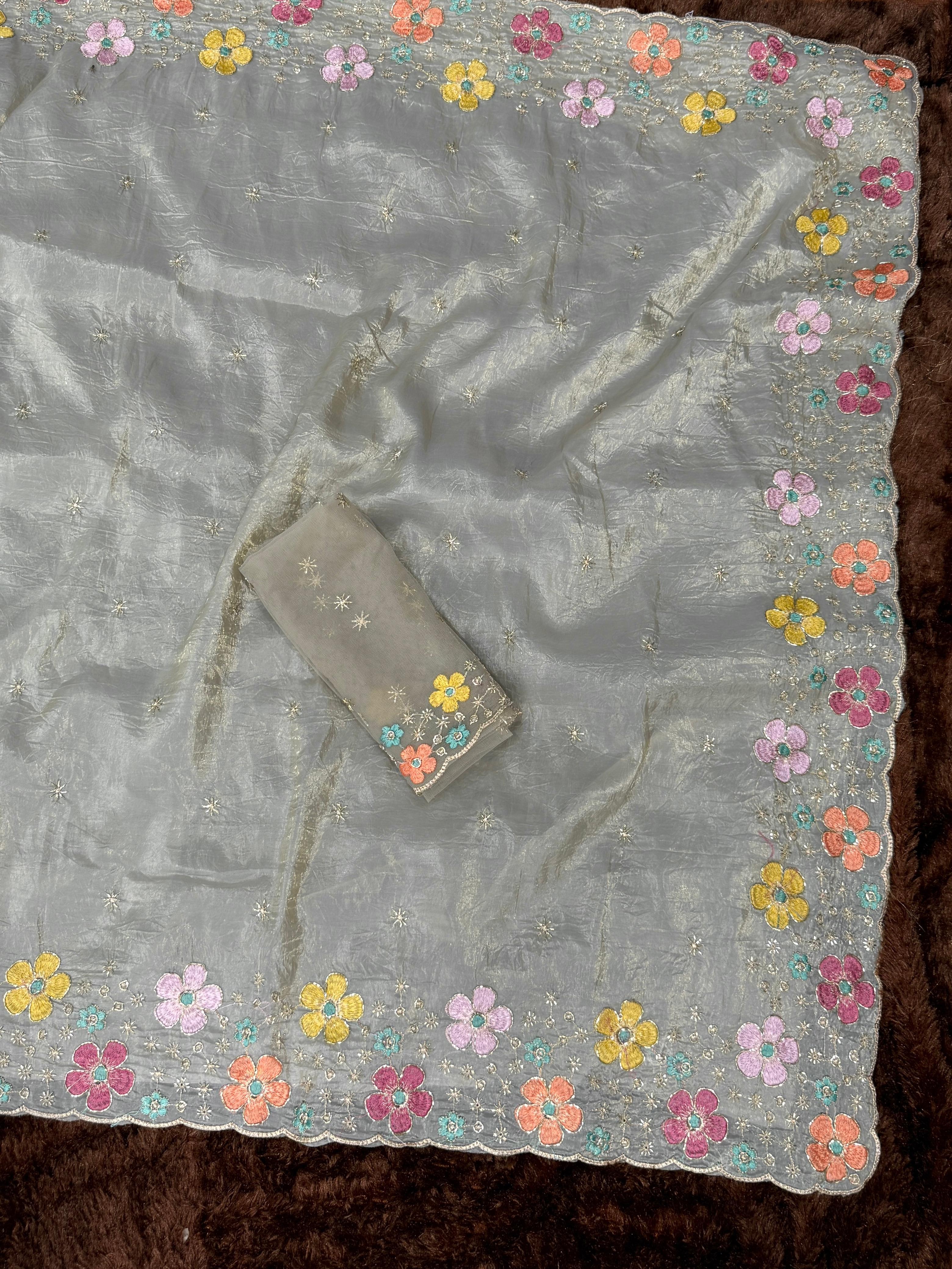Dusty Beige Sufi Silk Crush Embroidered Saree with Net Blouse