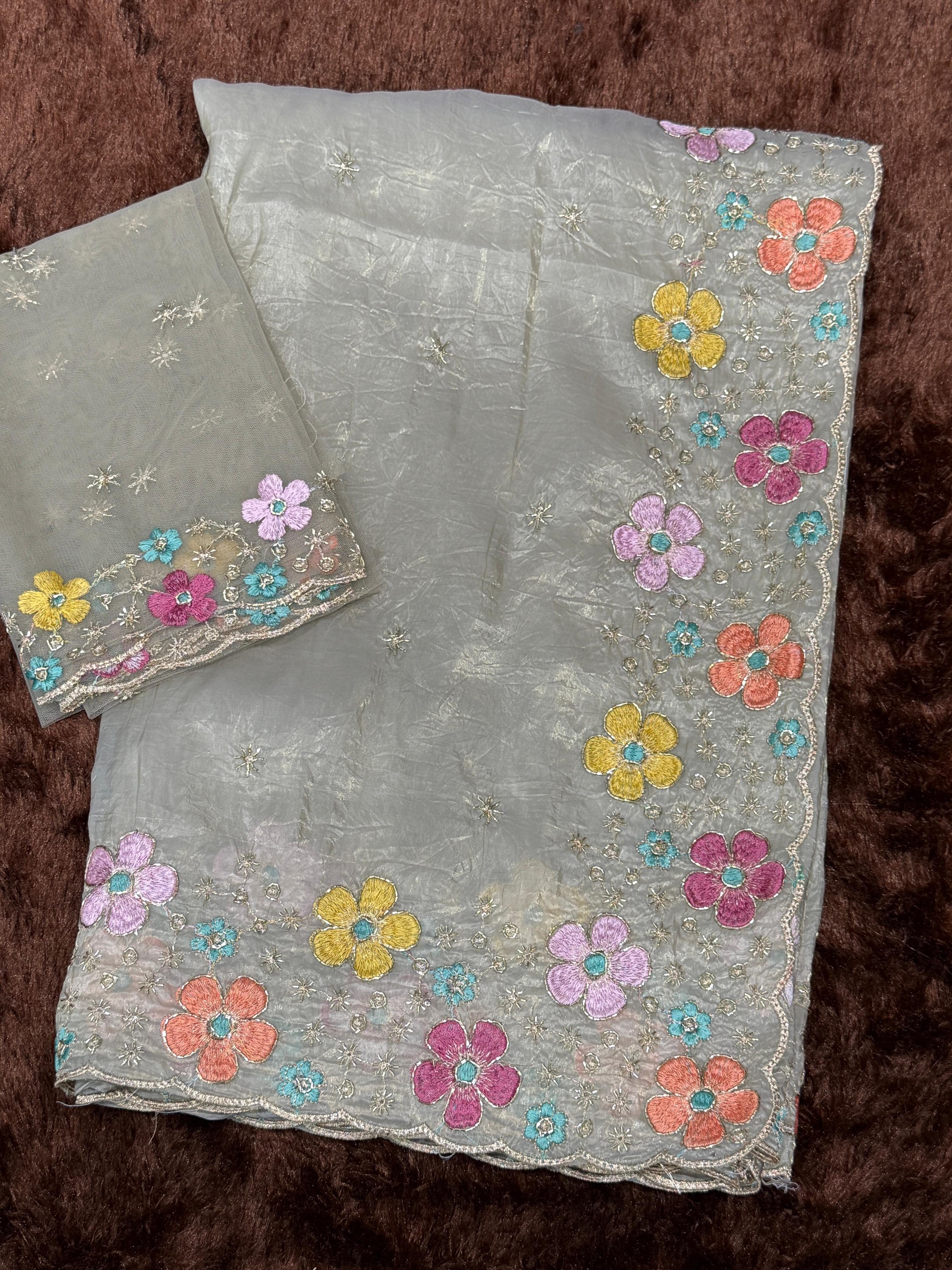 Dusty Beige Sufi Silk Crush Embroidered Saree with Net Blouse