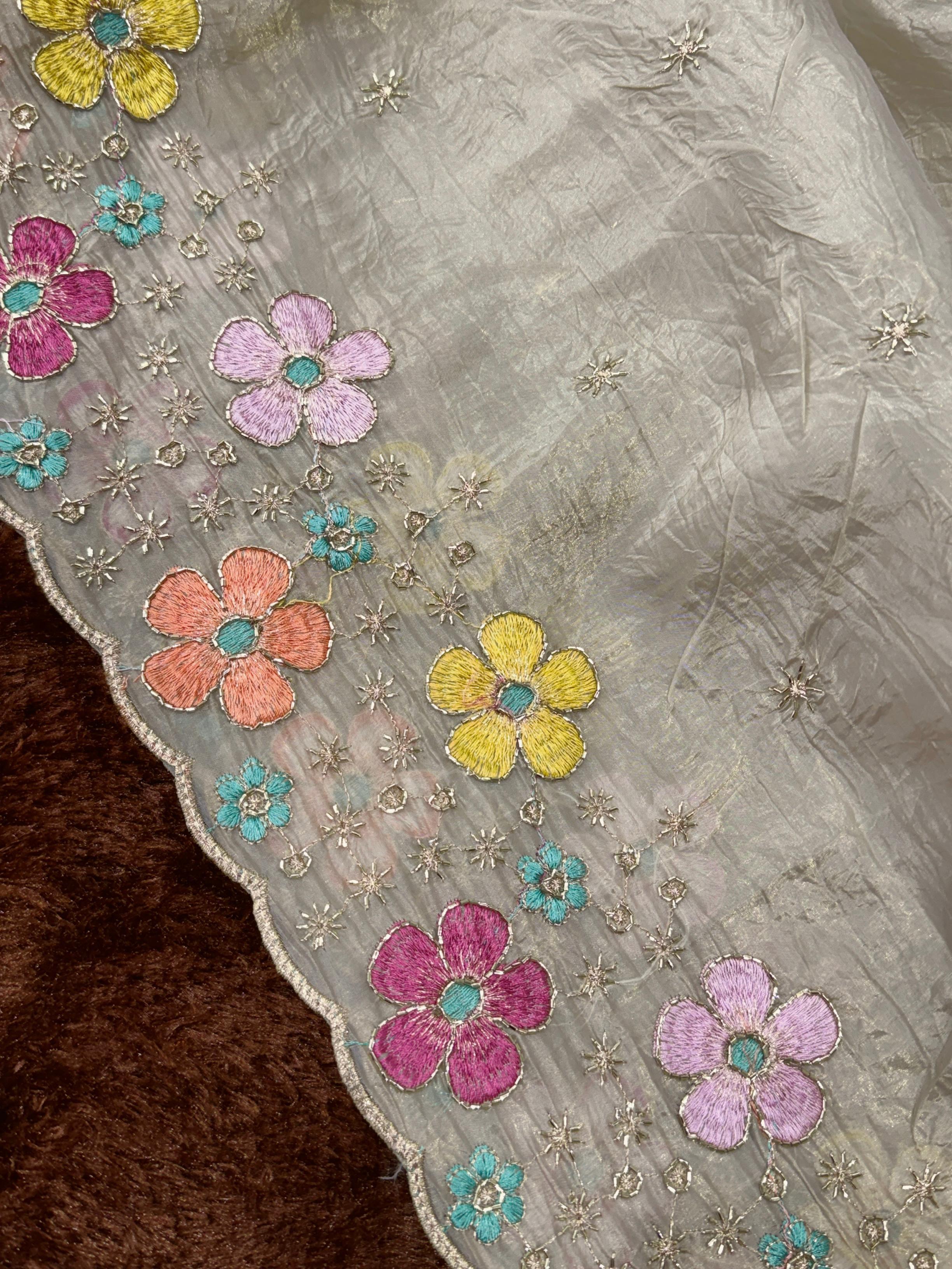 Dusty Beige Sufi Silk Crush Embroidered Saree with Net Blouse