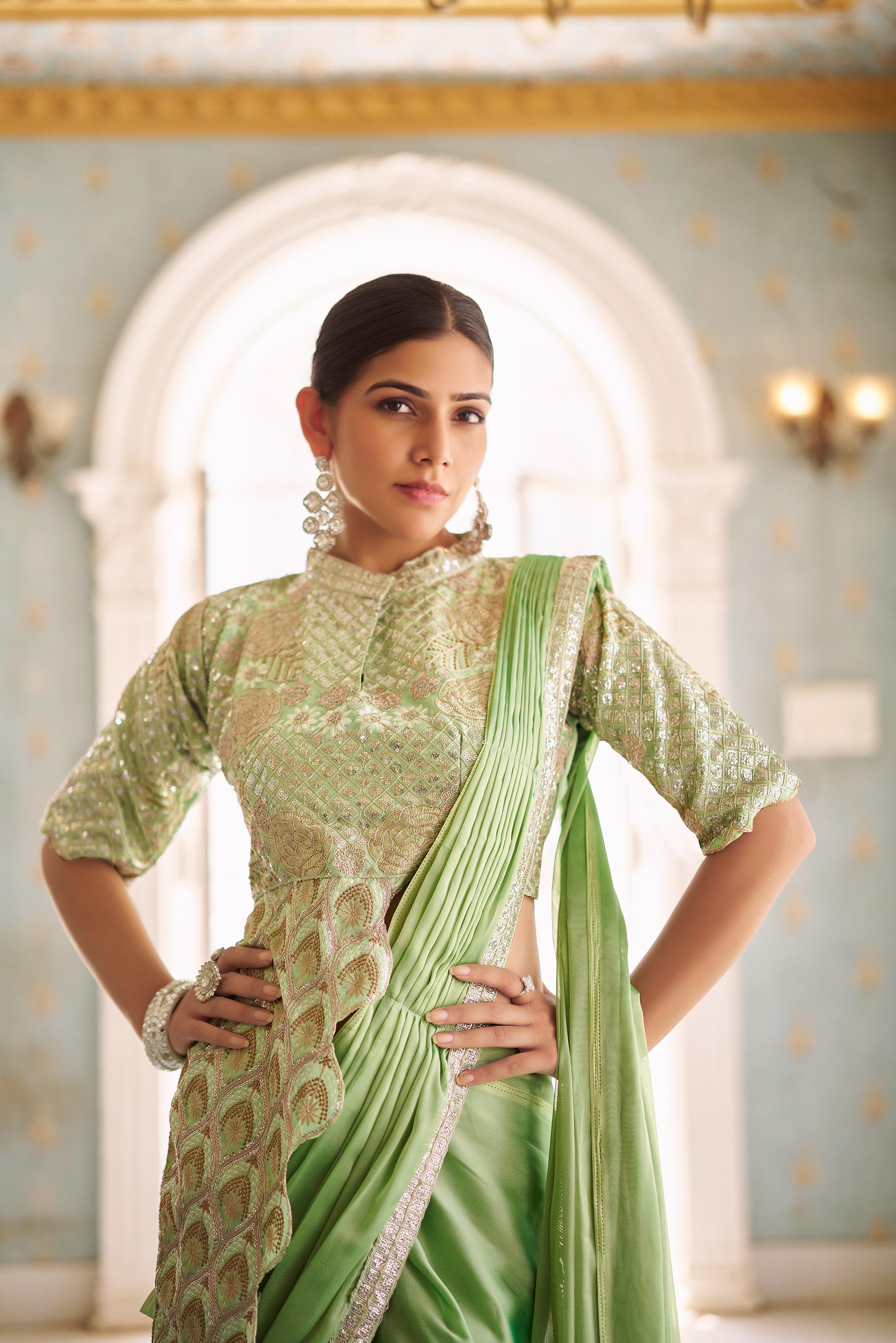 Elegant ready draped embroidered saree for festive wear