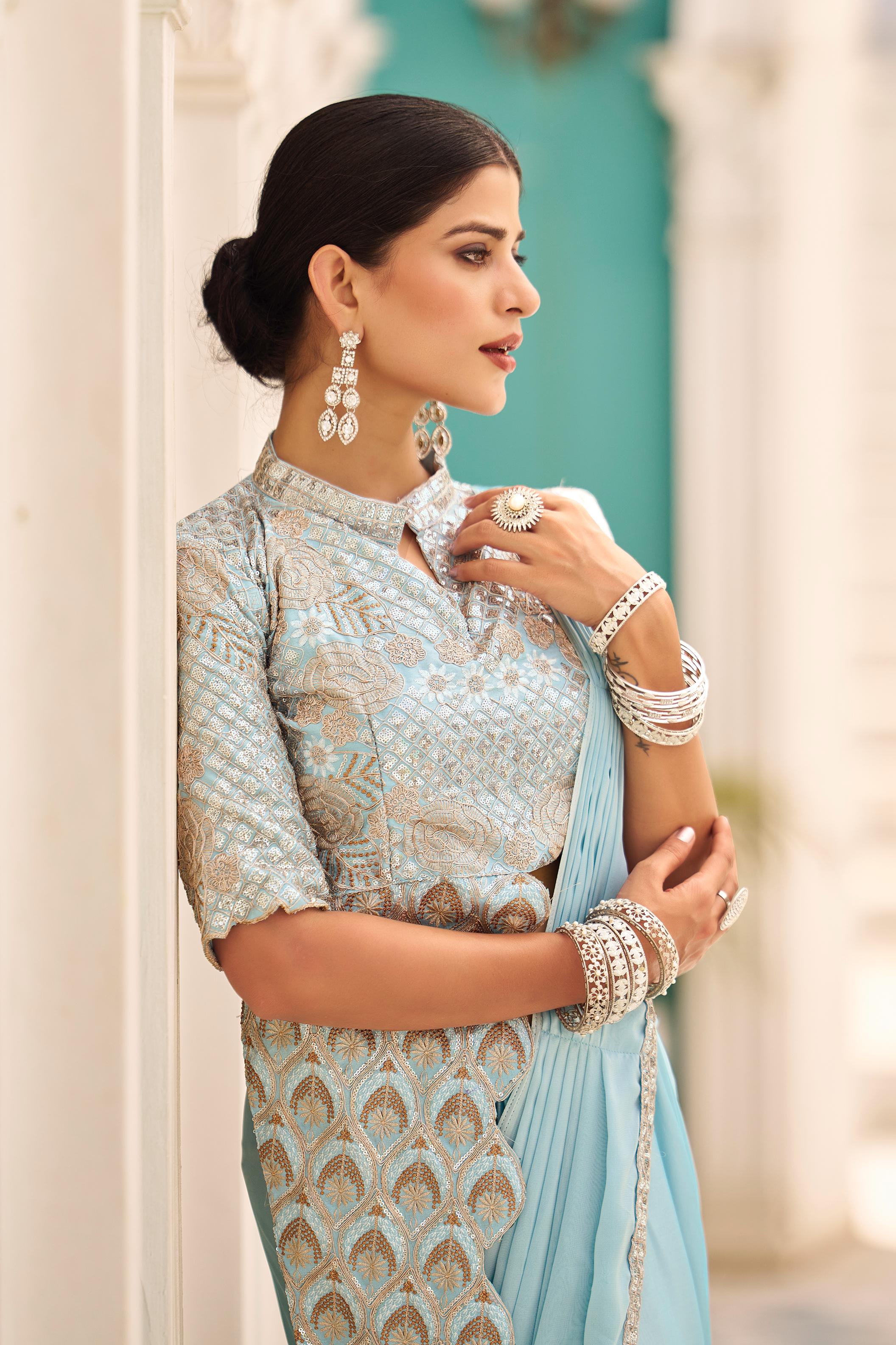 Designer pre stitched saree with Banglory blouse