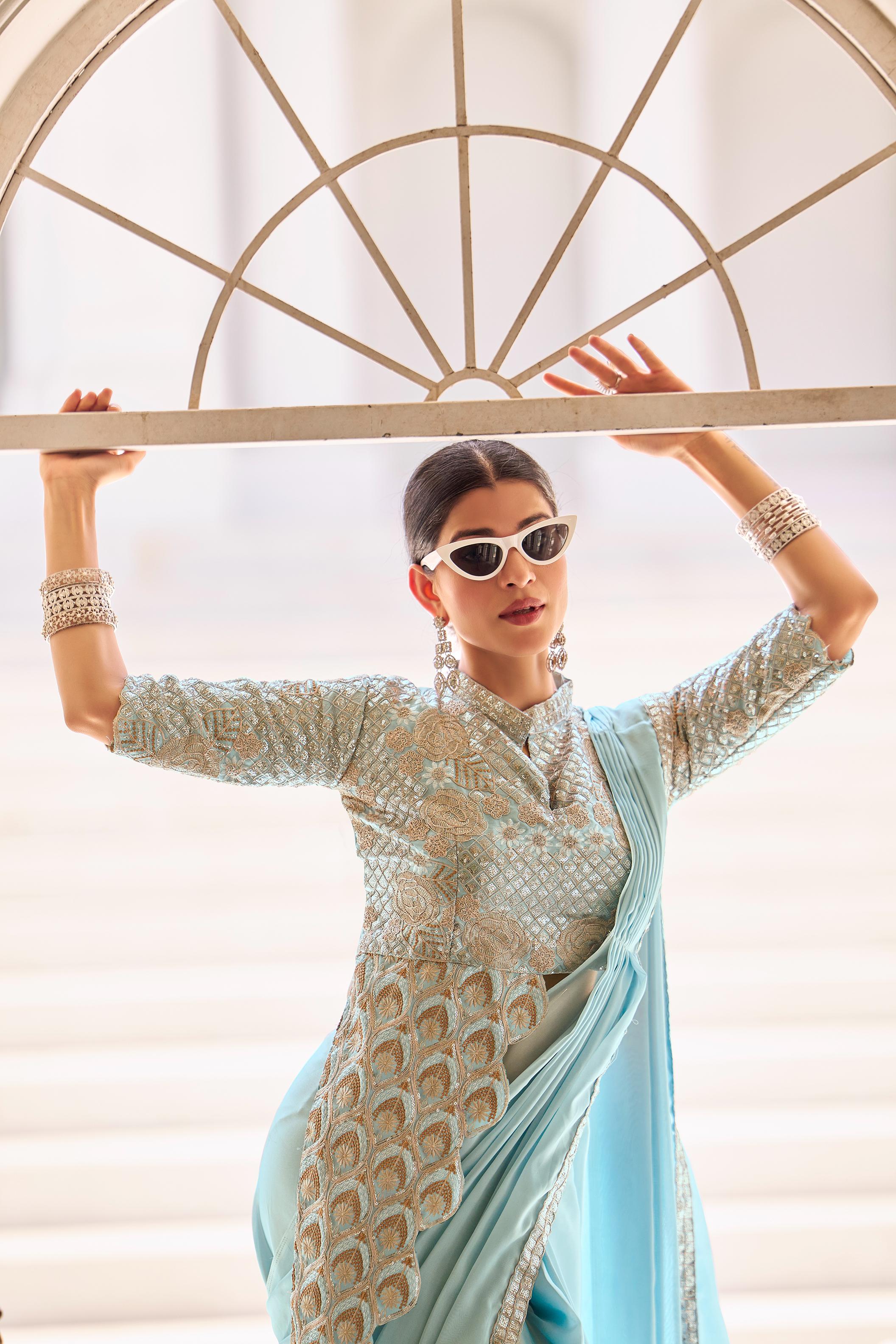 Designer pre stitched saree with Banglory blouse