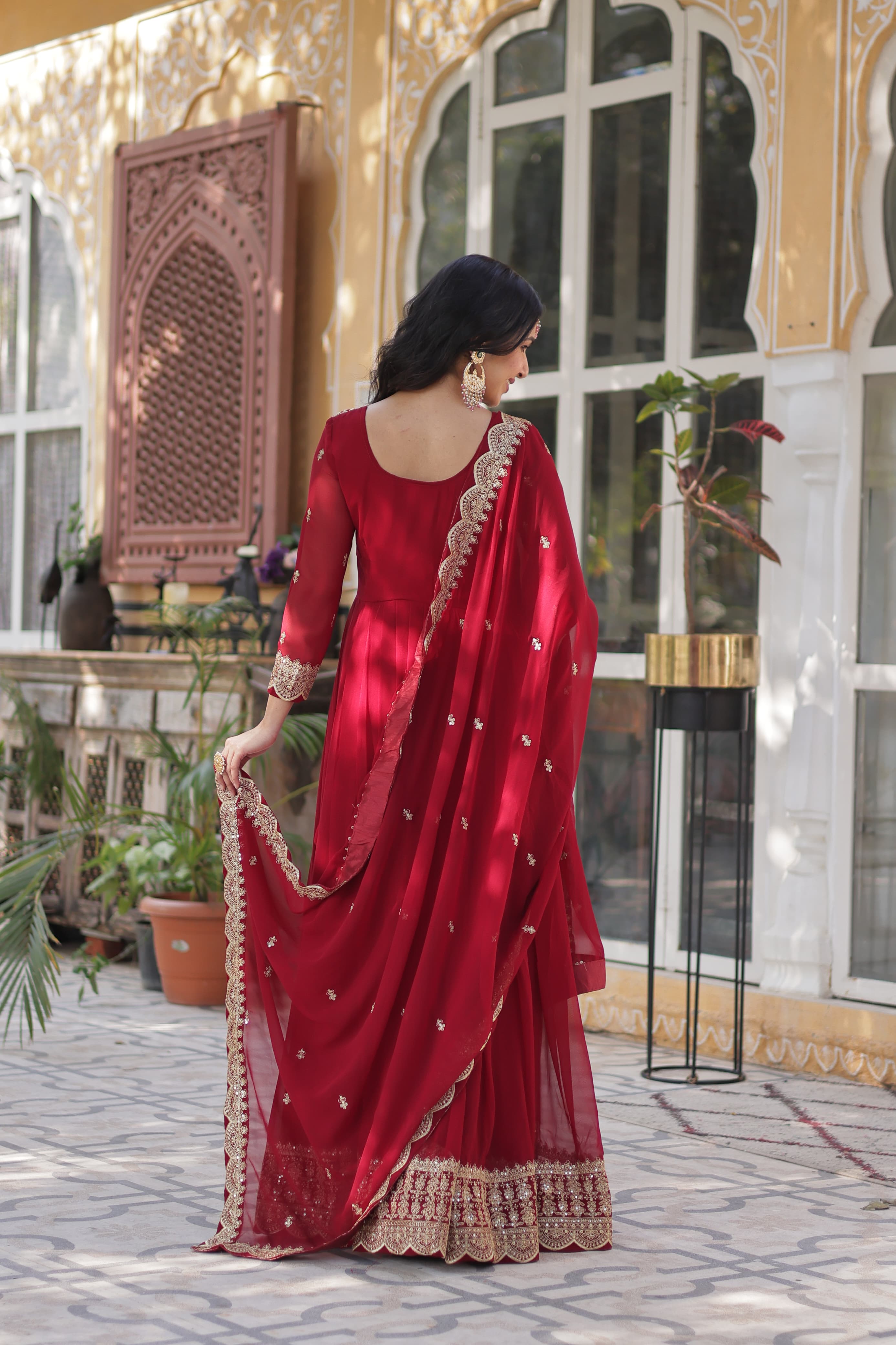 Designer gown with lace border dupatta