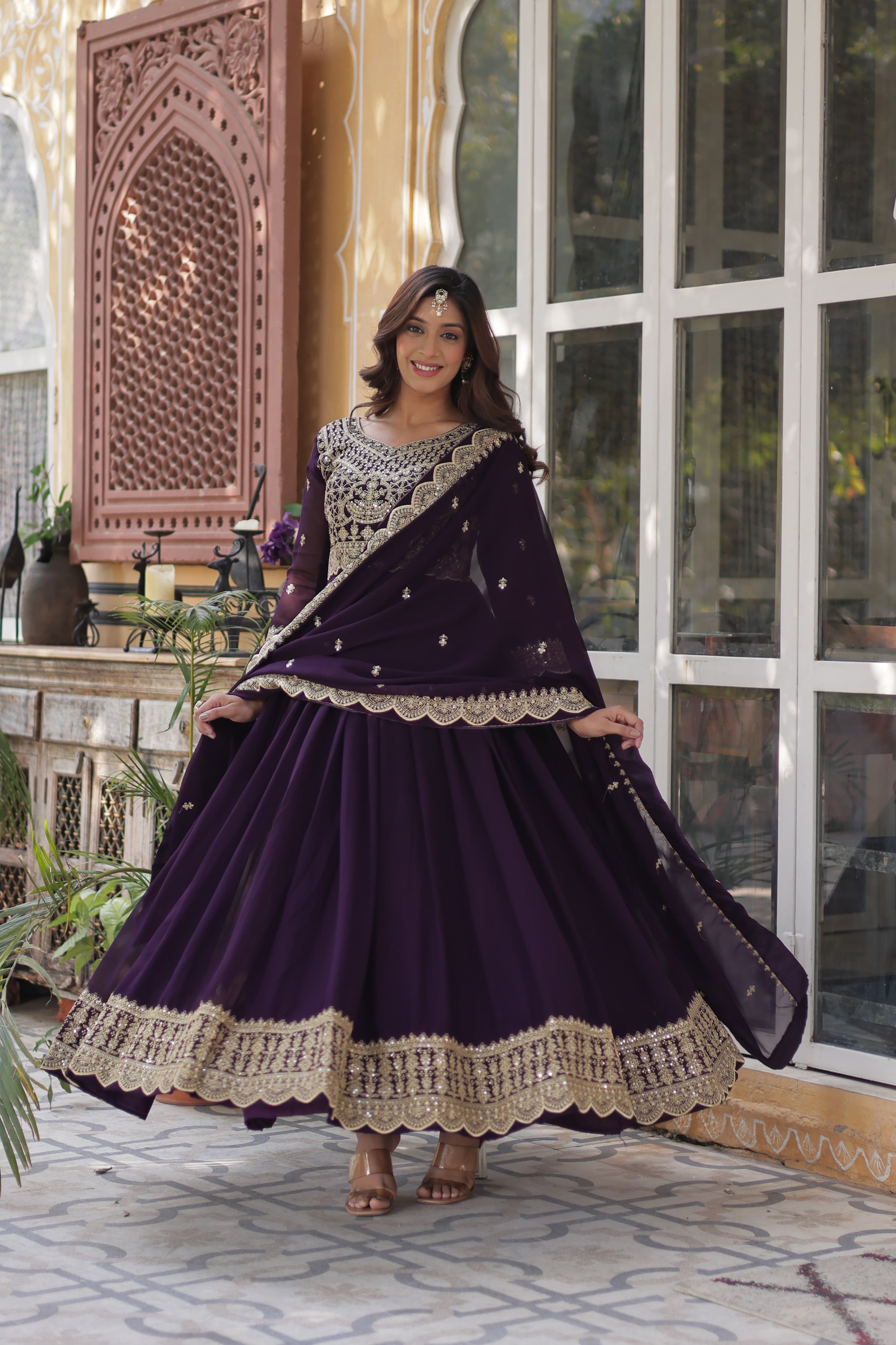 Gown with lace dupatta