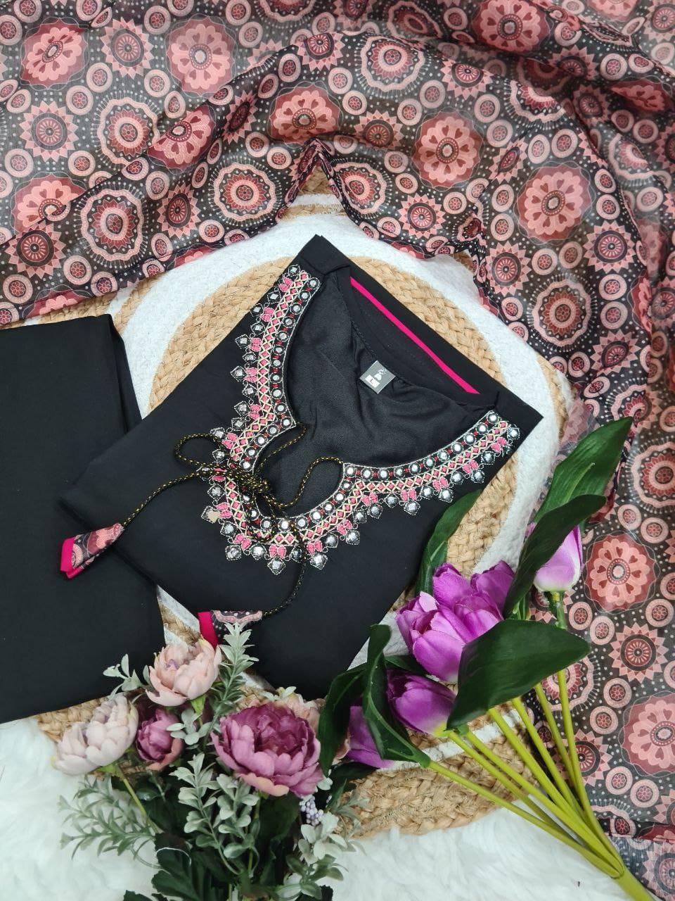 Graceful Viscose Chanderi Embroidered Suit Set