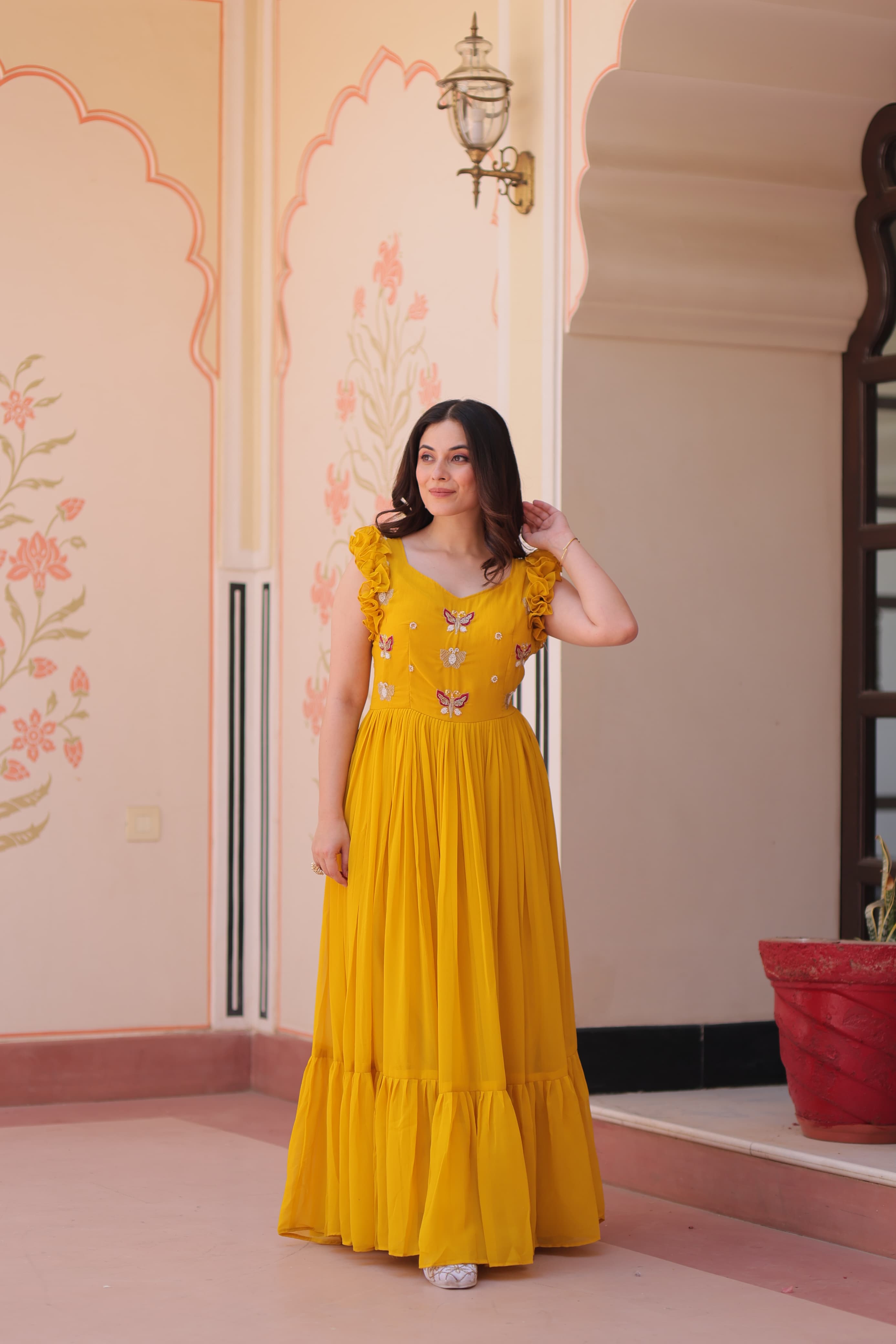 Stylish Frill Stitch Long Gown for Festive Occasions