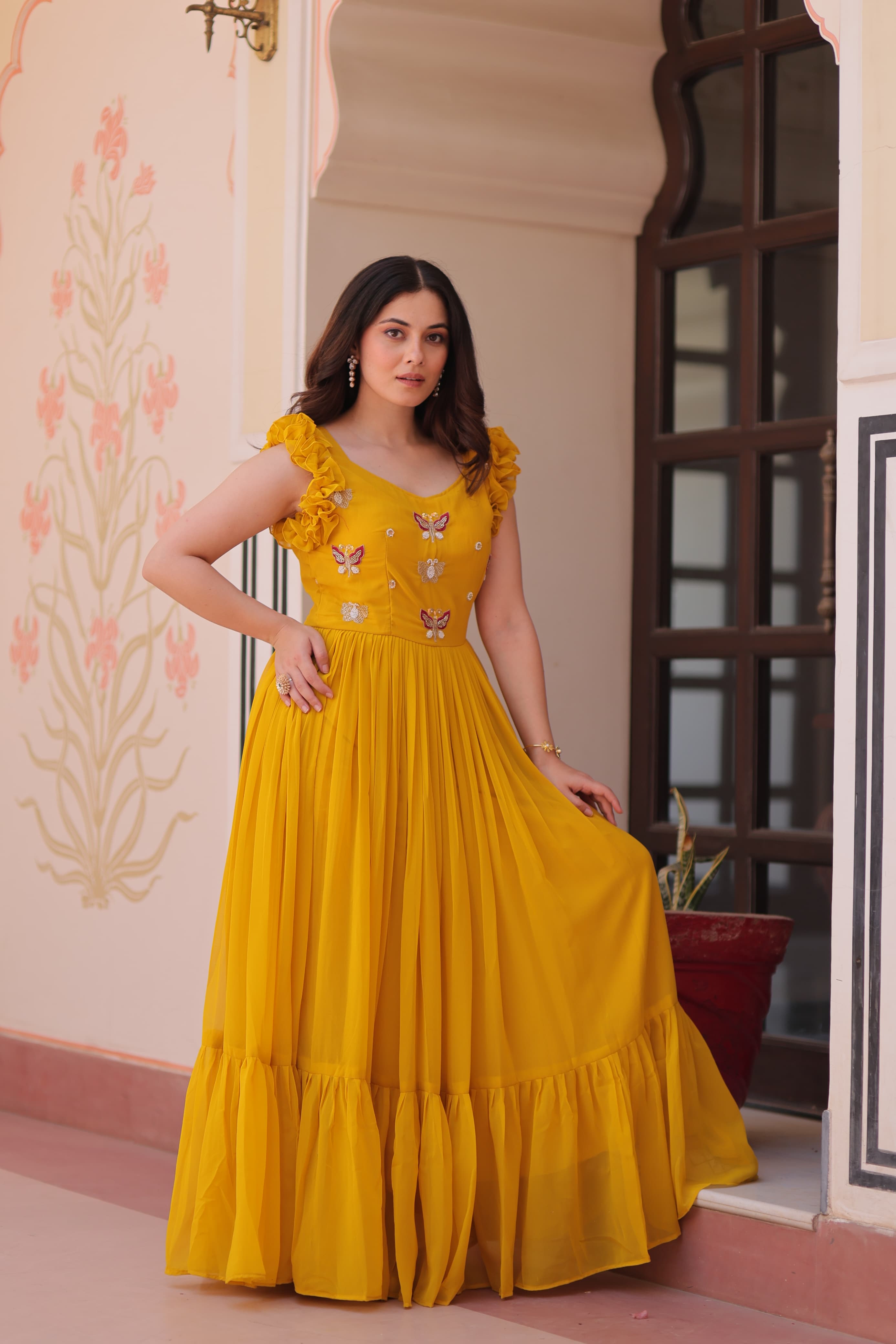 Elegant Faux Blooming Frill Stitch Gown for Women