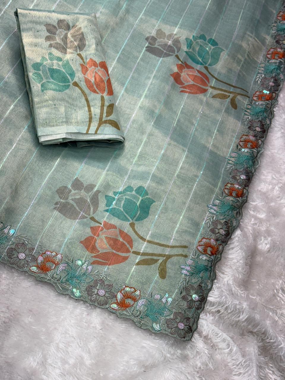 Close-up of Sequins Embroidery on Organza Fabric
