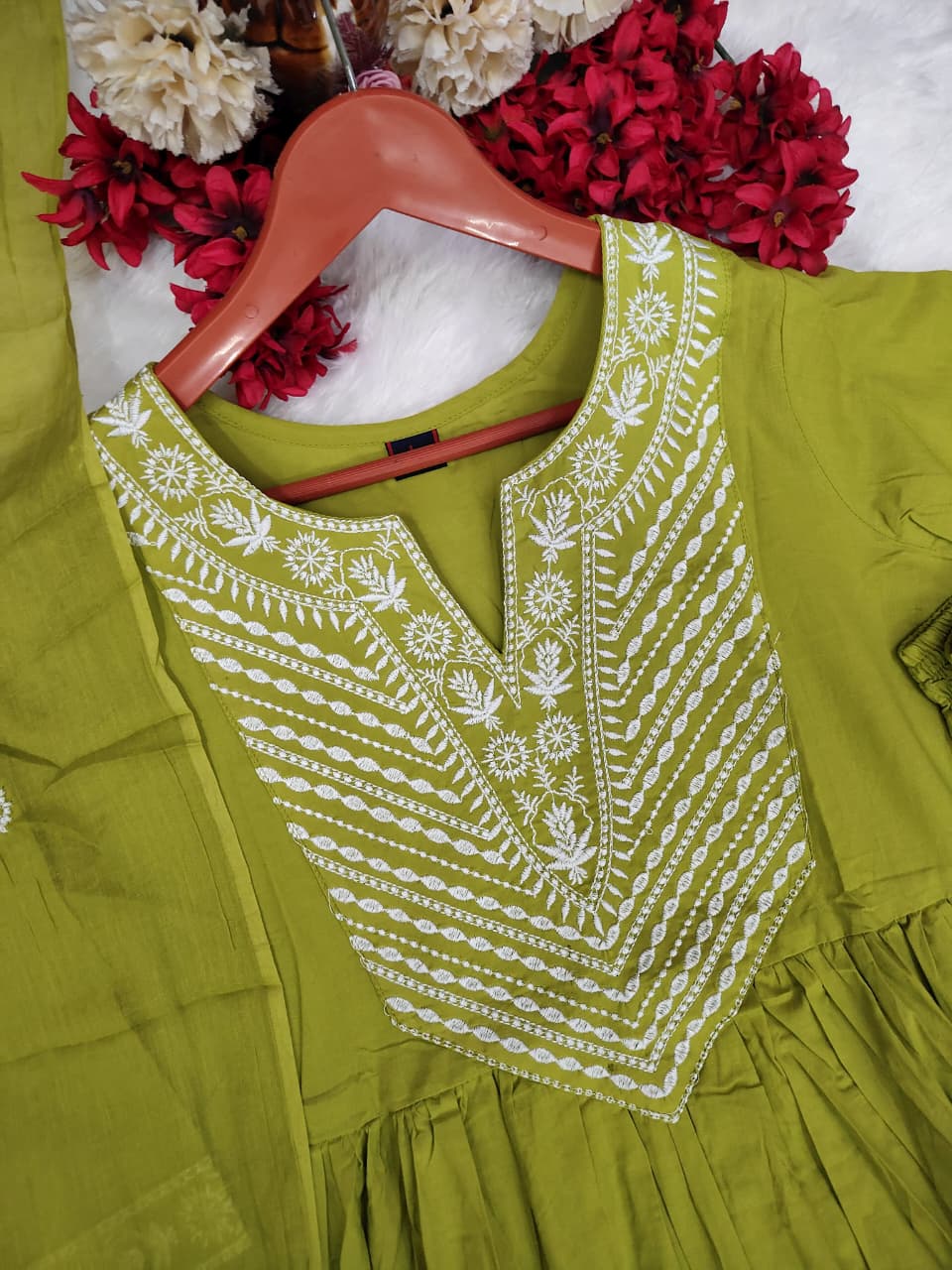 Soft mulmul dupatta with pure cotton embroidered anarkali dress