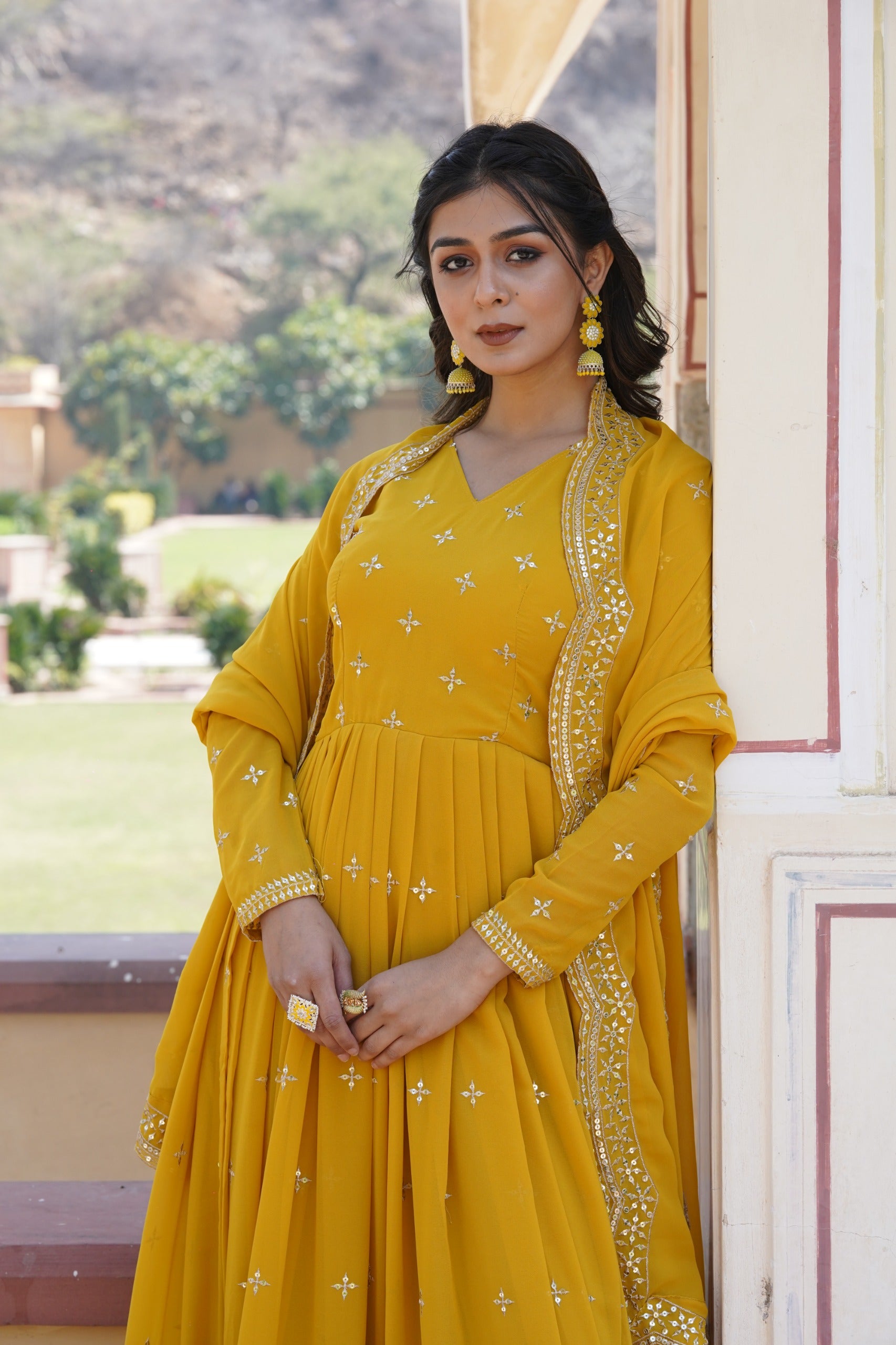 Faux Georgette Embroidered Gown Front View
