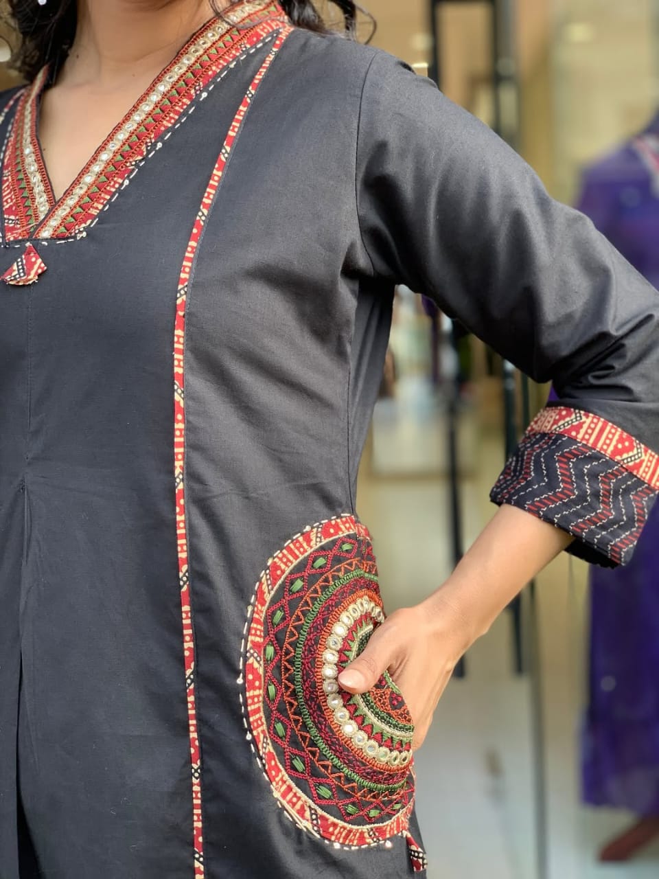Embroidered Silk Kurti with Pocket Work and Neck Design
