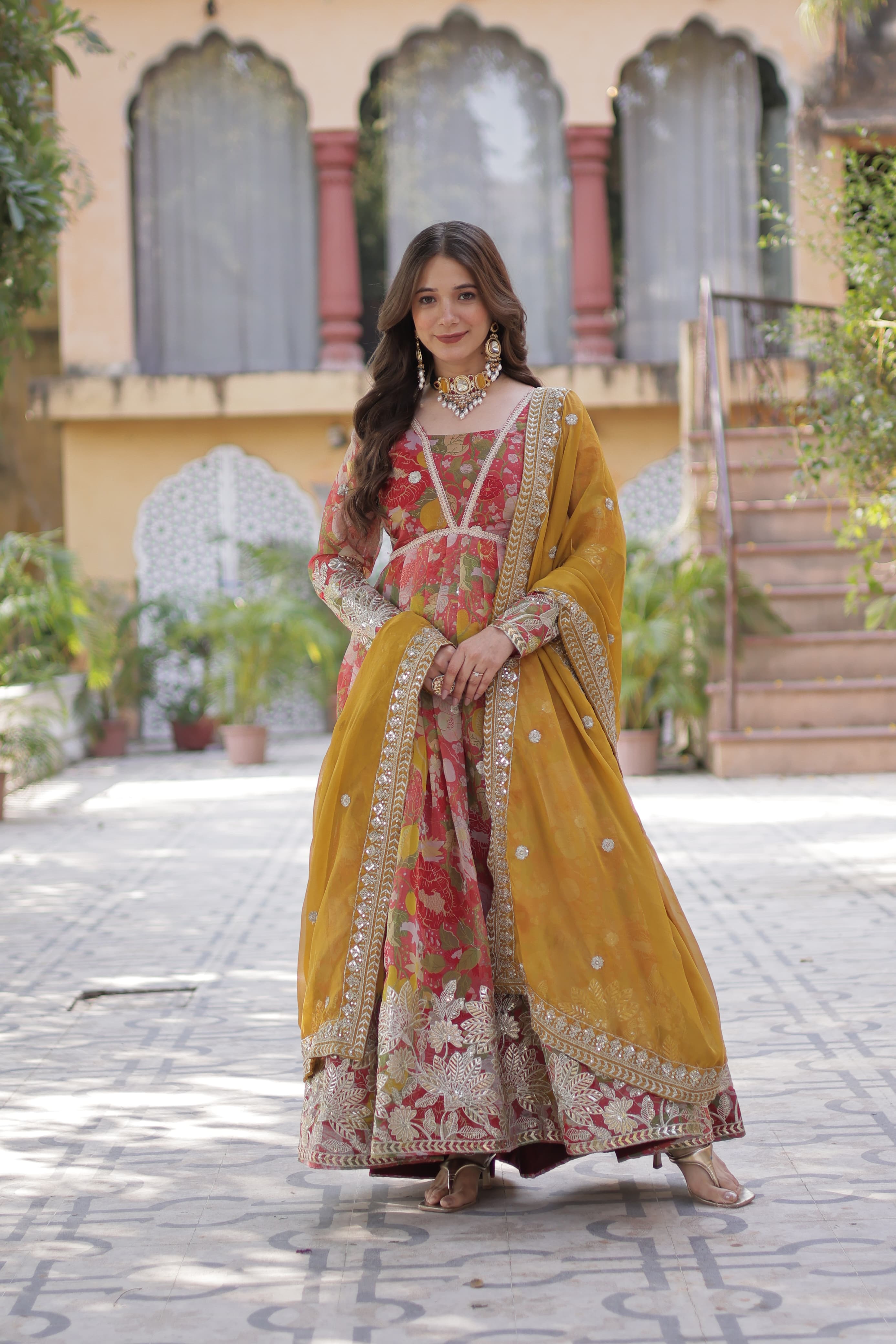 Elegant Fancy V-Neck Anarkali Gown with Full Sleeves – Her Highness Fashion