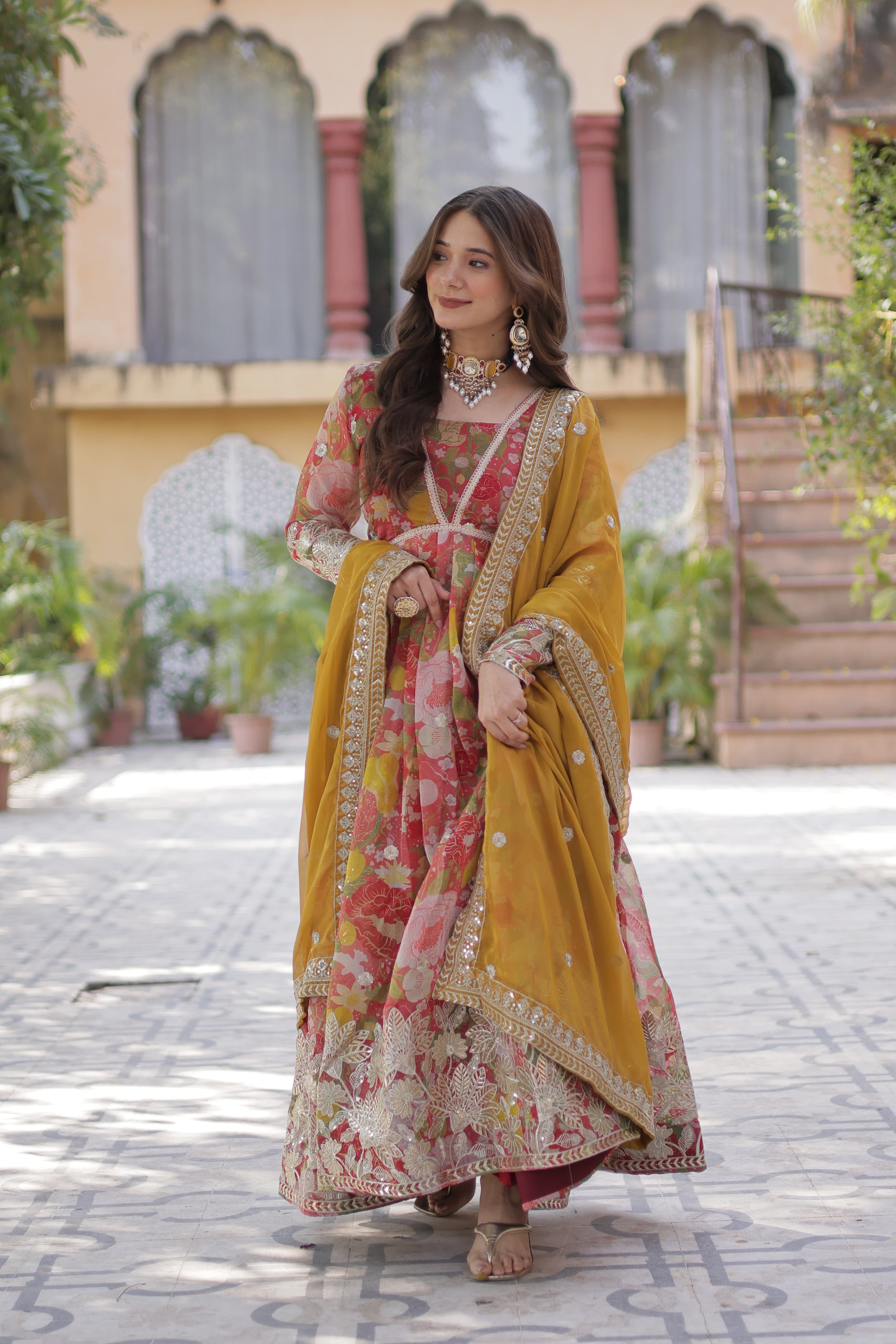 Elegant Fancy V-Neck Anarkali Gown with Full Sleeves – Her Highness Fashion