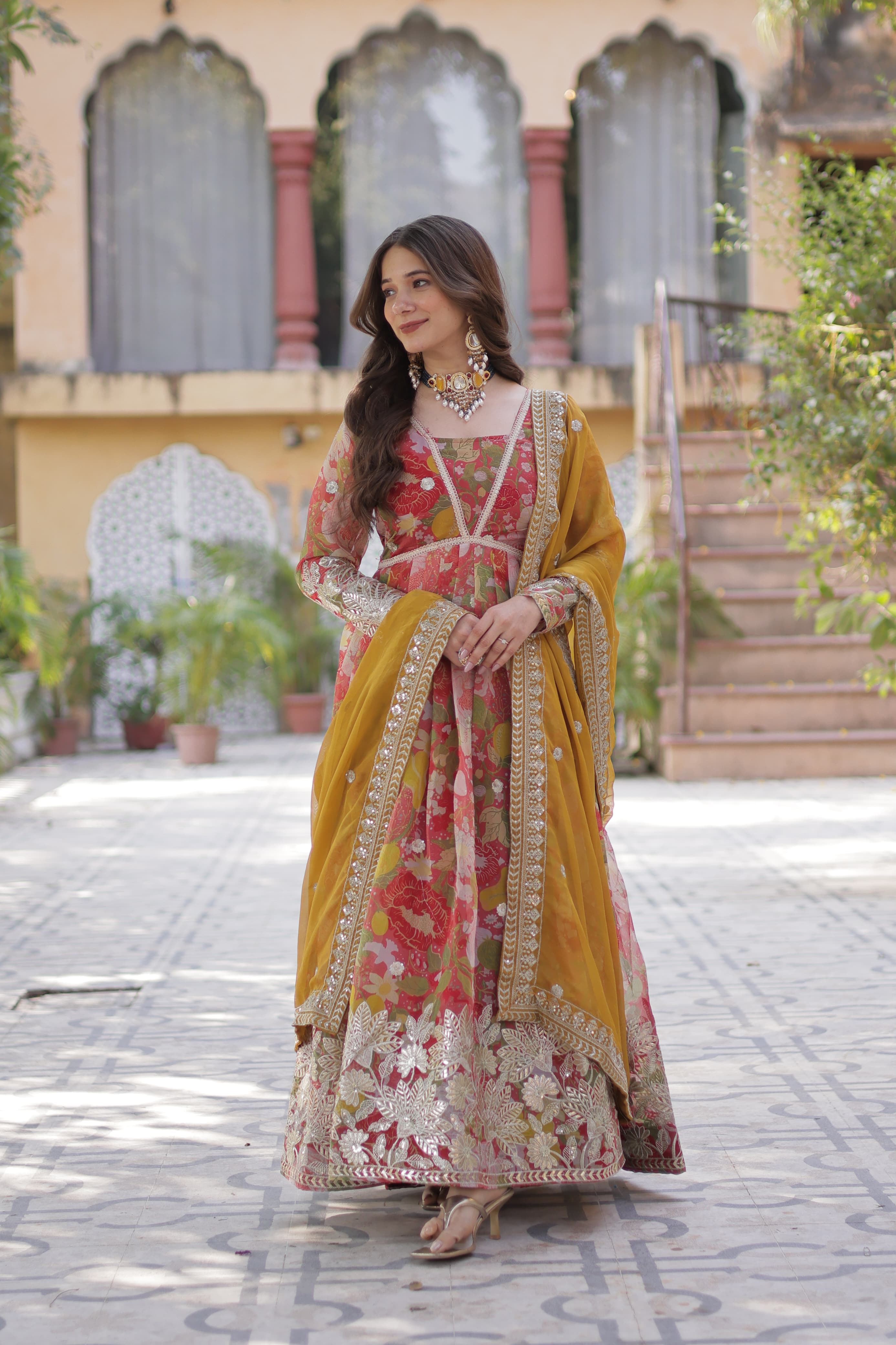 Elegant Fancy V-Neck Anarkali Gown with Full Sleeves – Her Highness Fashion