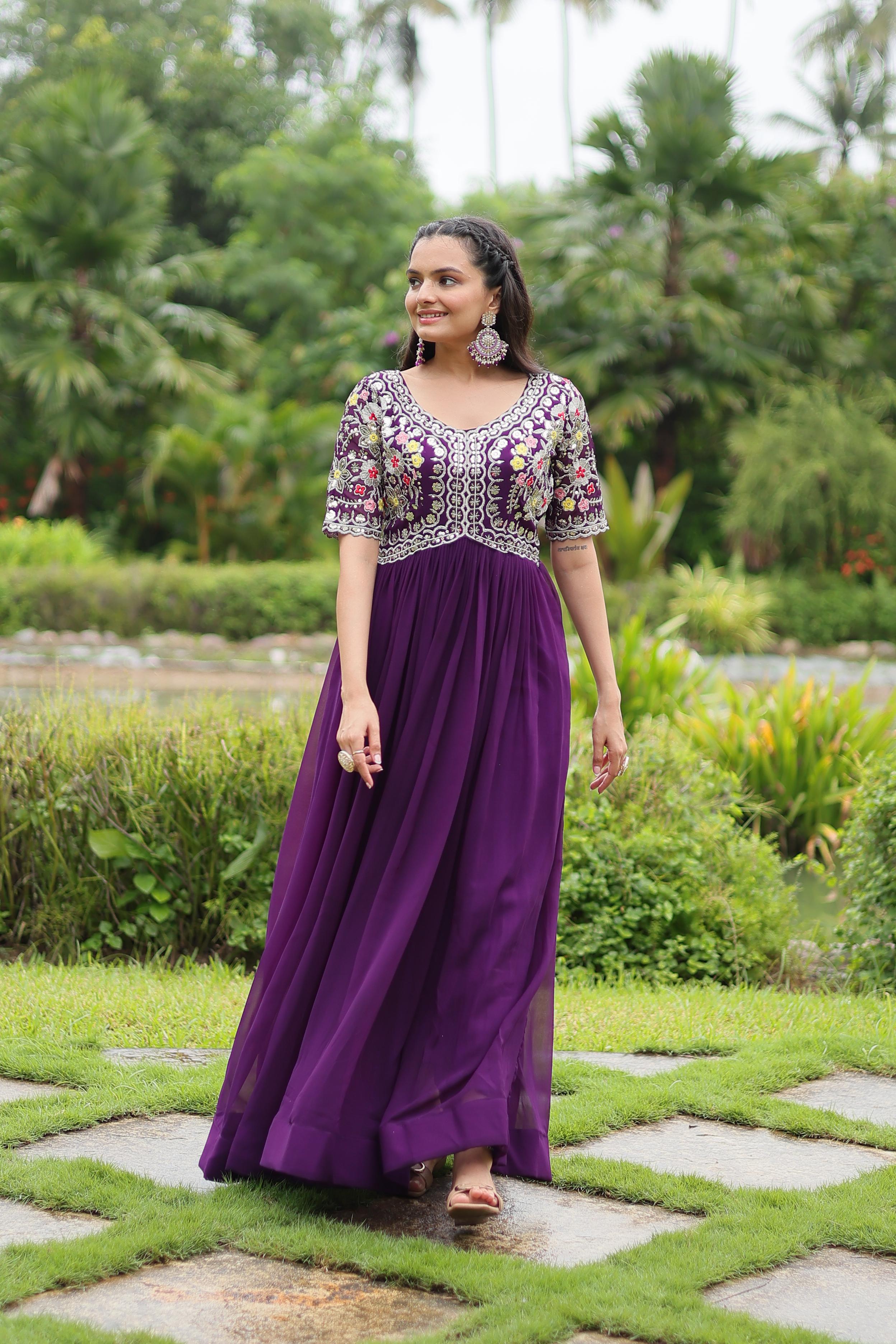 Elegant Women’s Embroidered Gown – Half Sleeve Fancy V-Neck