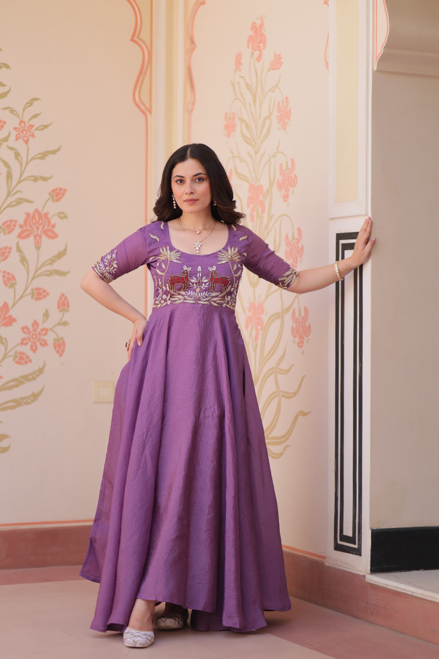 Premium gold gown with intricate bead embroidery work