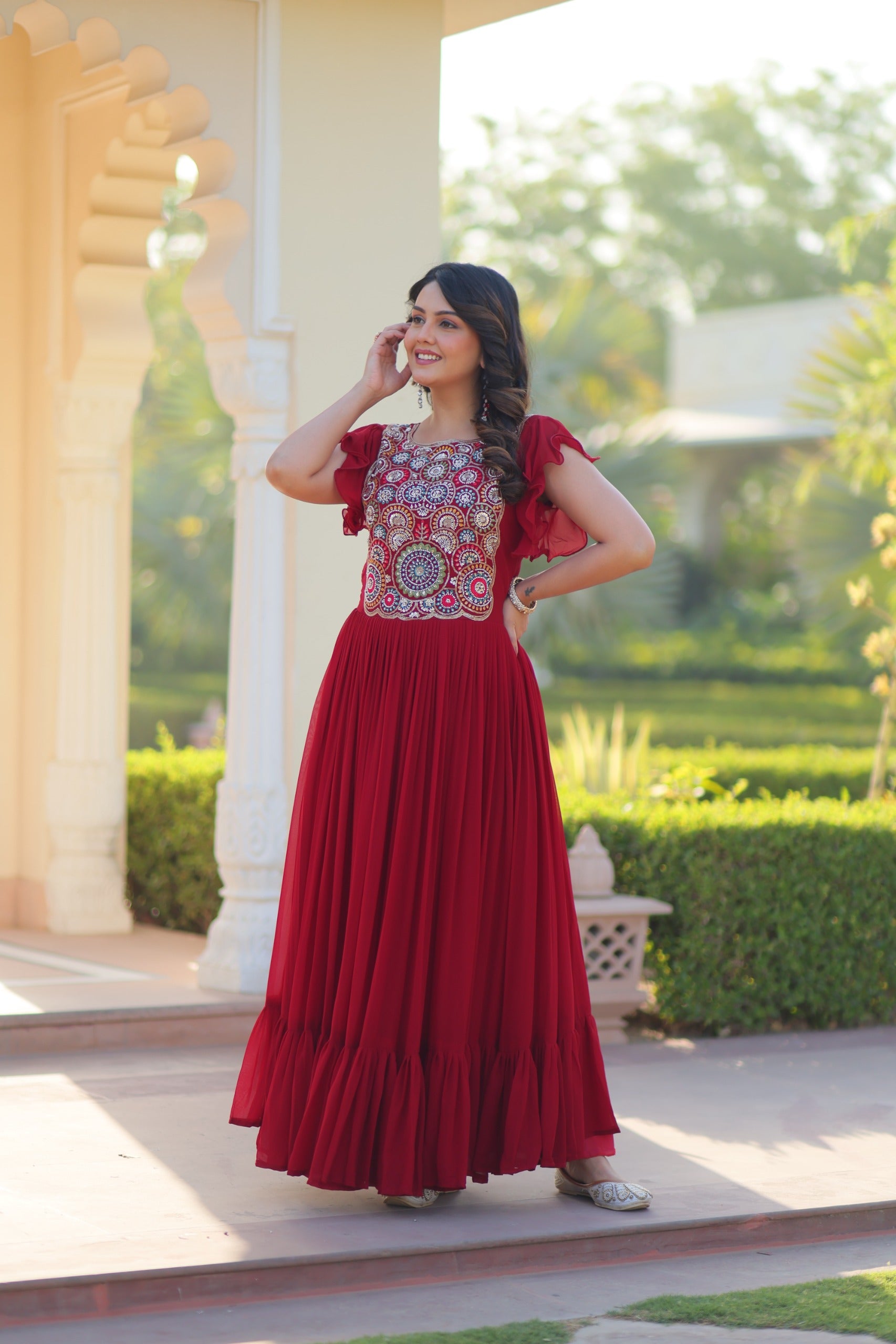 Faux Blooming embroidered gown with beads and sequins work