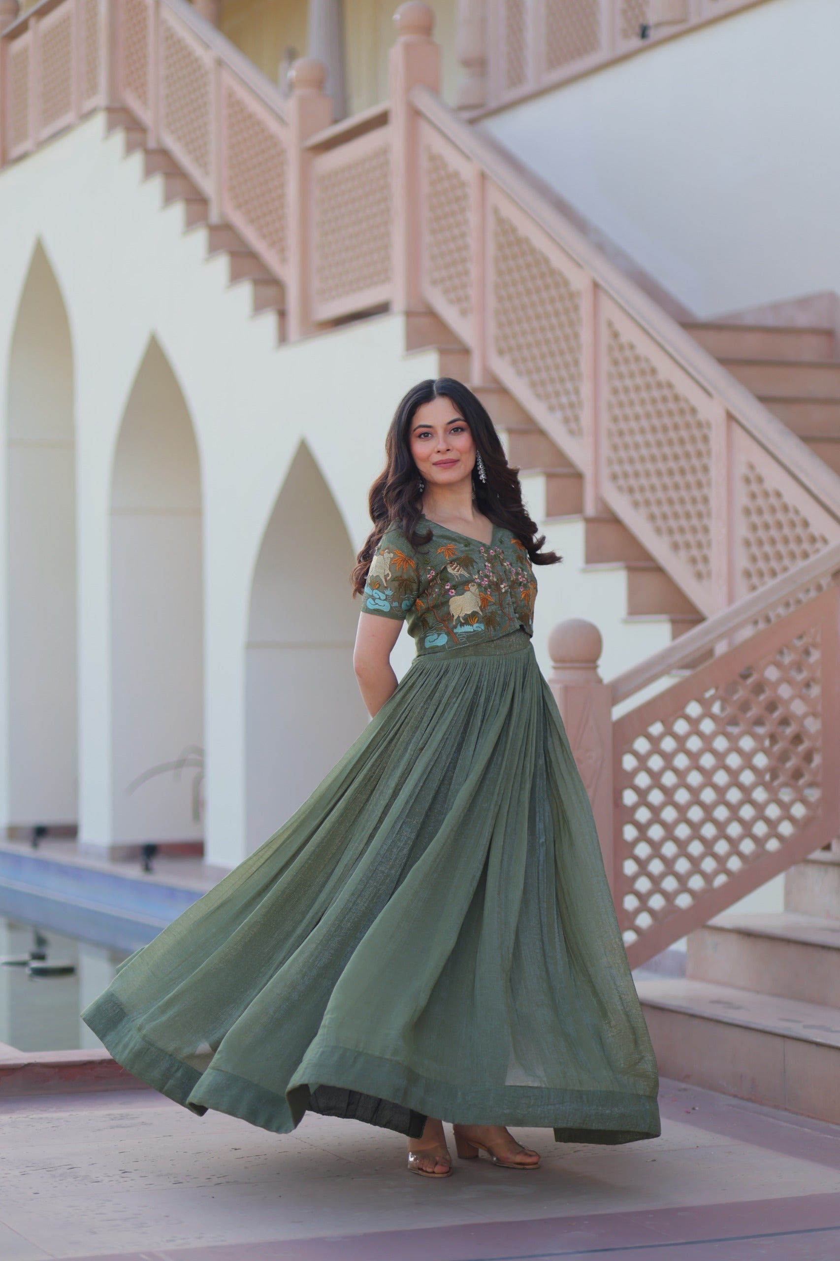 Silver Crunchy Fabric Gown with Embroidered Koti for Women