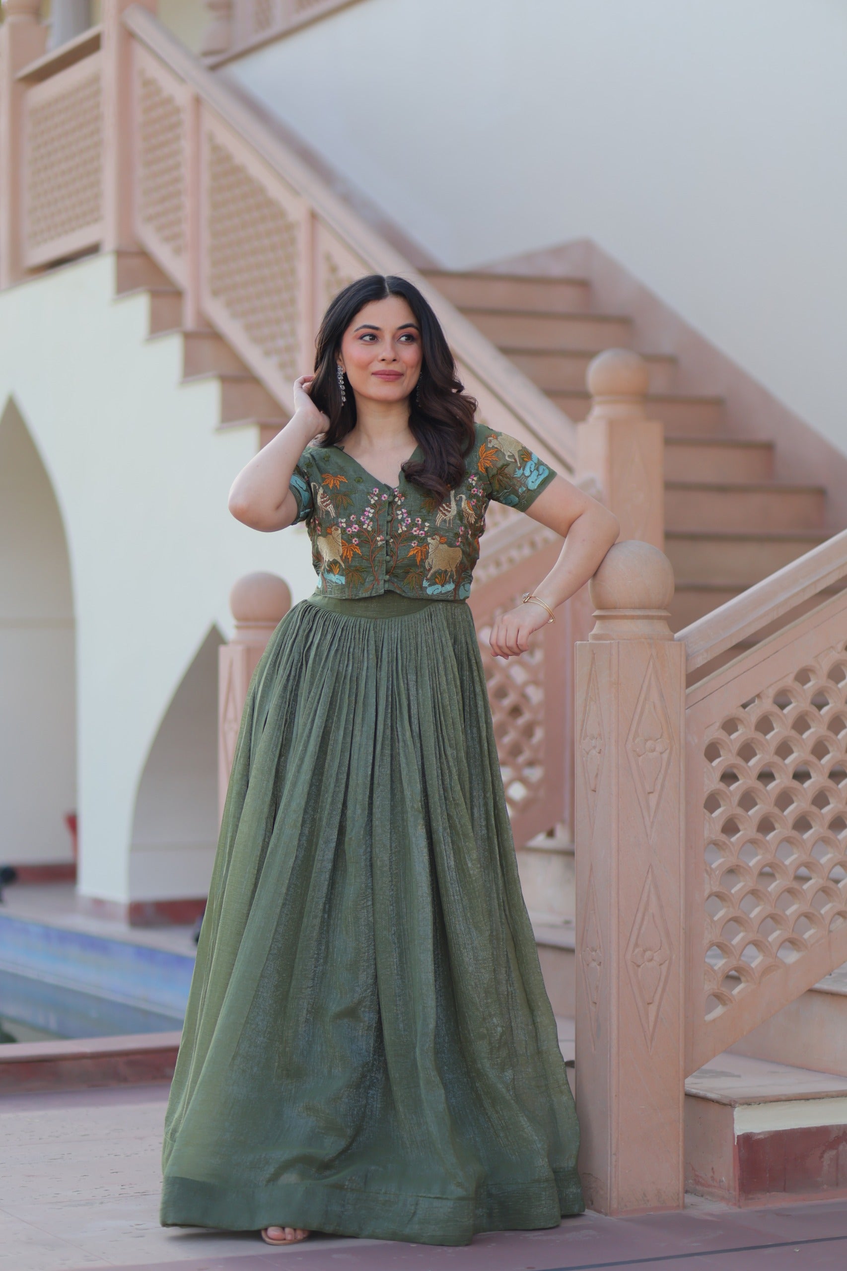 Silver Crunchy Fabric Gown with Embroidered Koti for Women
